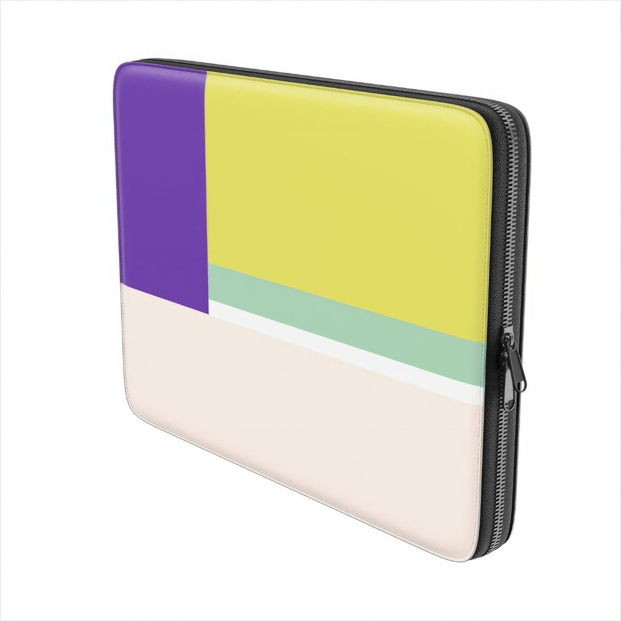 Laptop Sleeve Retro Stripes Yellow pattern design with a bold color blocks in vintage, mid century modern style, featuring an elegant and expressive aesthetic design. Main colors are mustard yellow, purple and light pink. Side view.