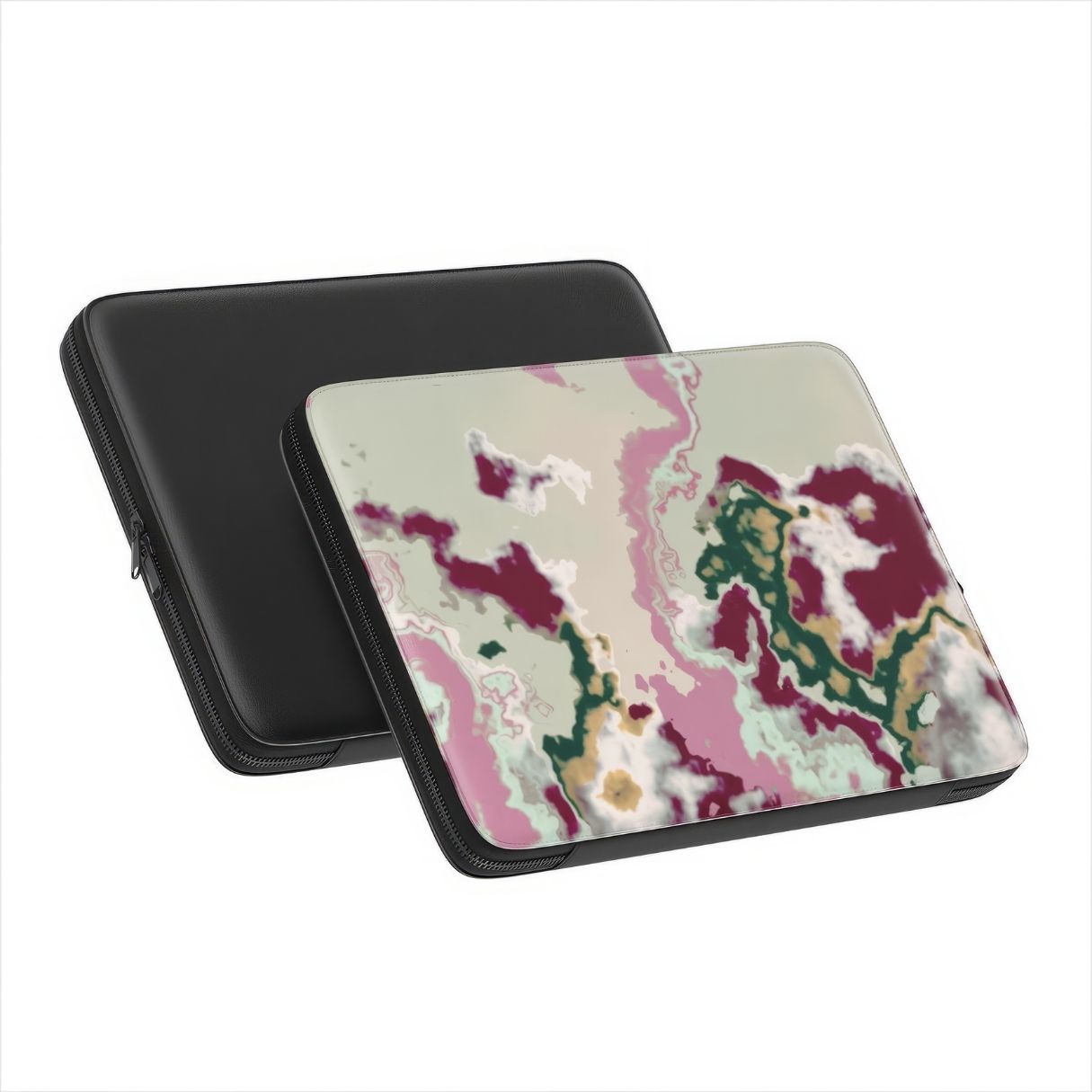 Laptop Sleeve back view; Sandscape Dream Burgundy pattern, artistic, abstract pattern. Beige, green and bordeaux colors. Bold expressive aesthetic design. Colorful and interior fit.