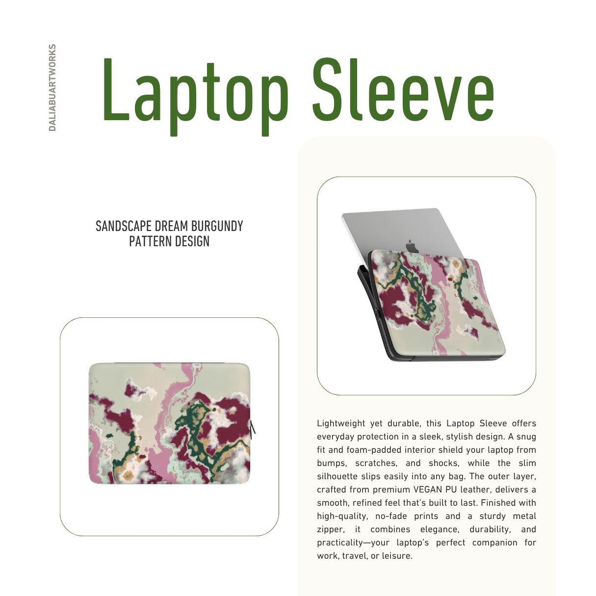 Laptop Sleeve description.; Sandscape Dream Burgundy pattern, artistic, abstract pattern. Beige, green and bordeaux colors. Bold expressive aesthetic design. Colorful and interior fit.