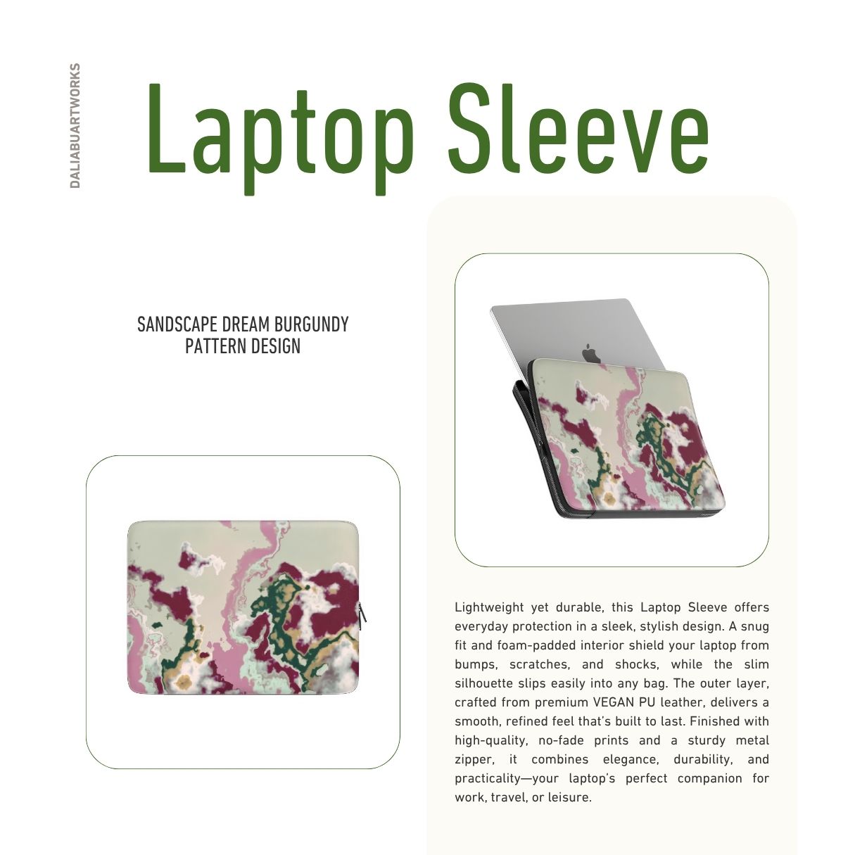 Laptop Sleeve description.; Sandscape Dream Burgundy pattern, artistic, abstract pattern. Beige, green and bordeaux colors. Bold expressive aesthetic design. Colorful and interior fit.