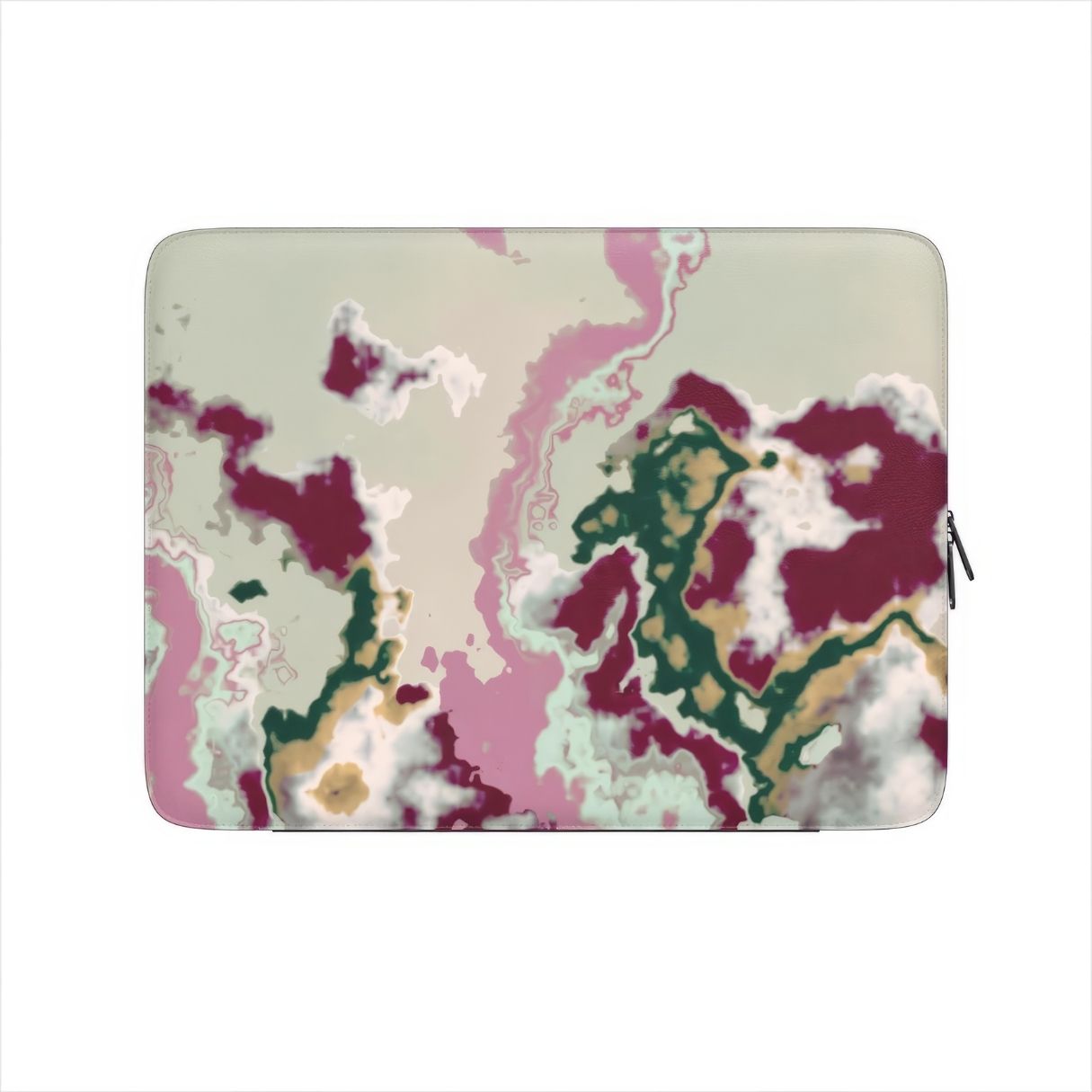 Laptop Sleeve front view; Sandscape Dream Burgundy pattern, artistic, abstract pattern. Beige, green and bordeaux colors. Bold expressive aesthetic design. Colorful and interior fit.