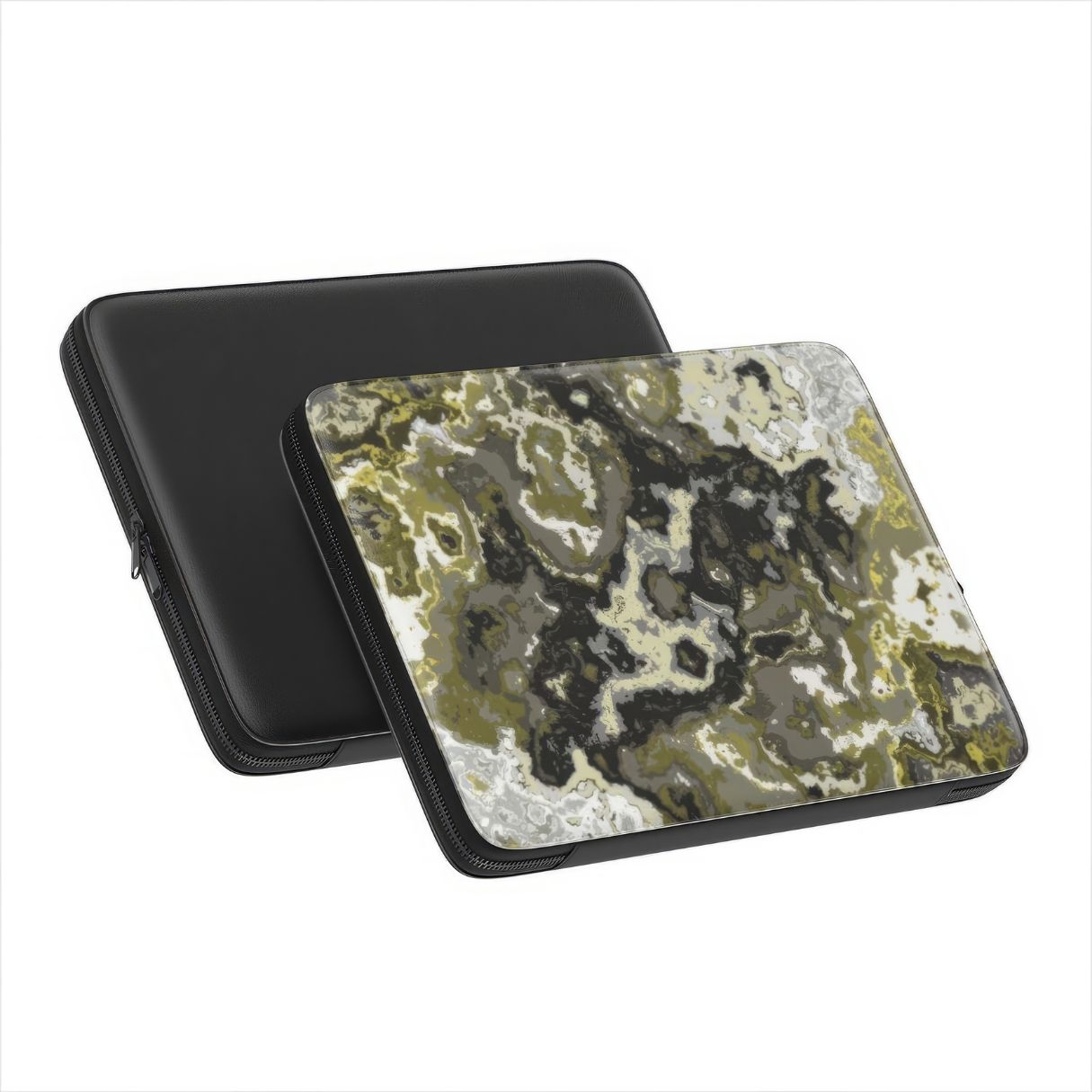 Laptop Sleeve with Spring Rain pattern, artistic, abstract marble pattern. Yellow, black and grey color combination. Bold expressive aesthetic design. Colorful and interior fit. Front and back view.