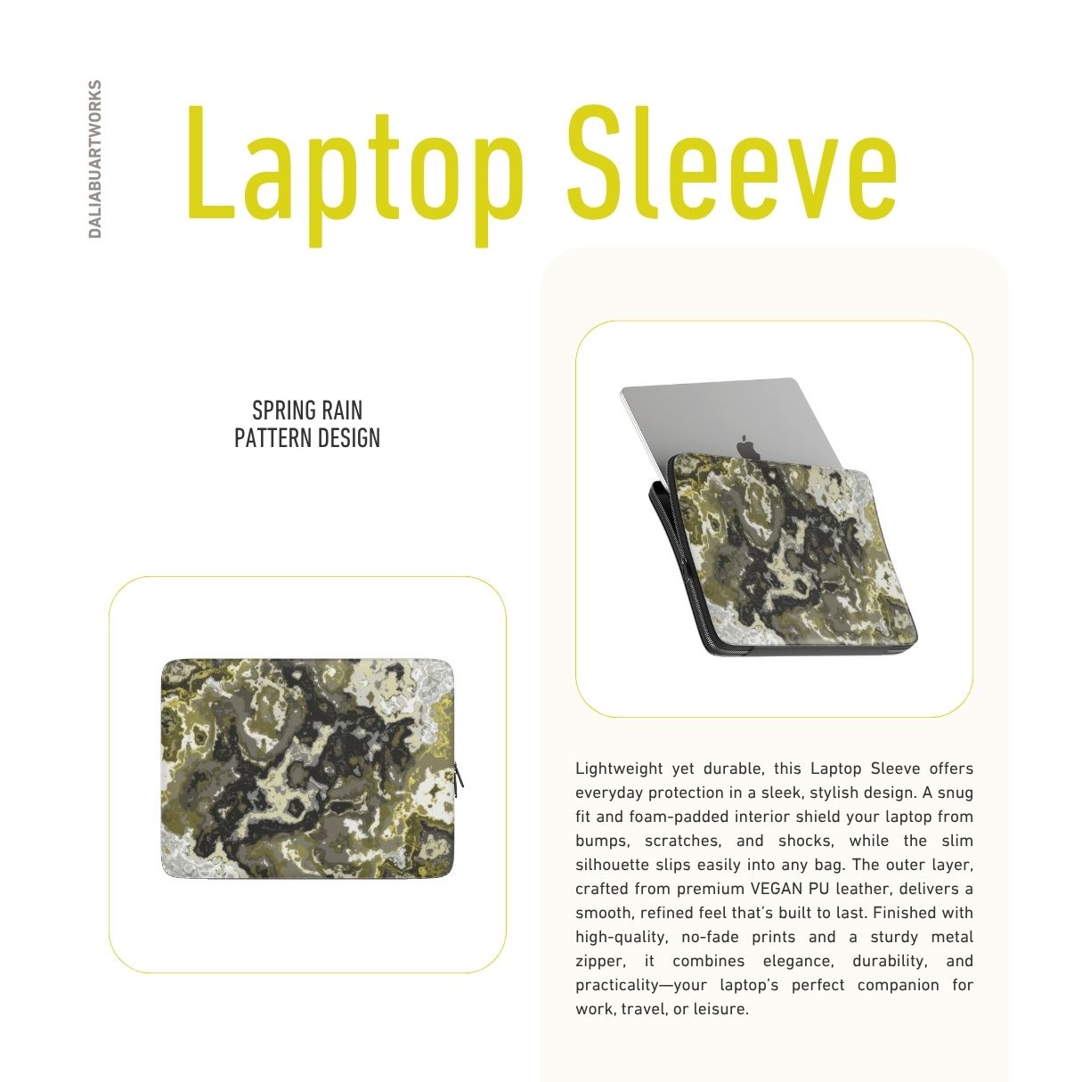 Laptop Sleeve with Spring Rain pattern, artistic, abstract marble pattern. Yellow, black and grey color combination. Bold expressive aesthetic design. Colorful and interior fit. Description.