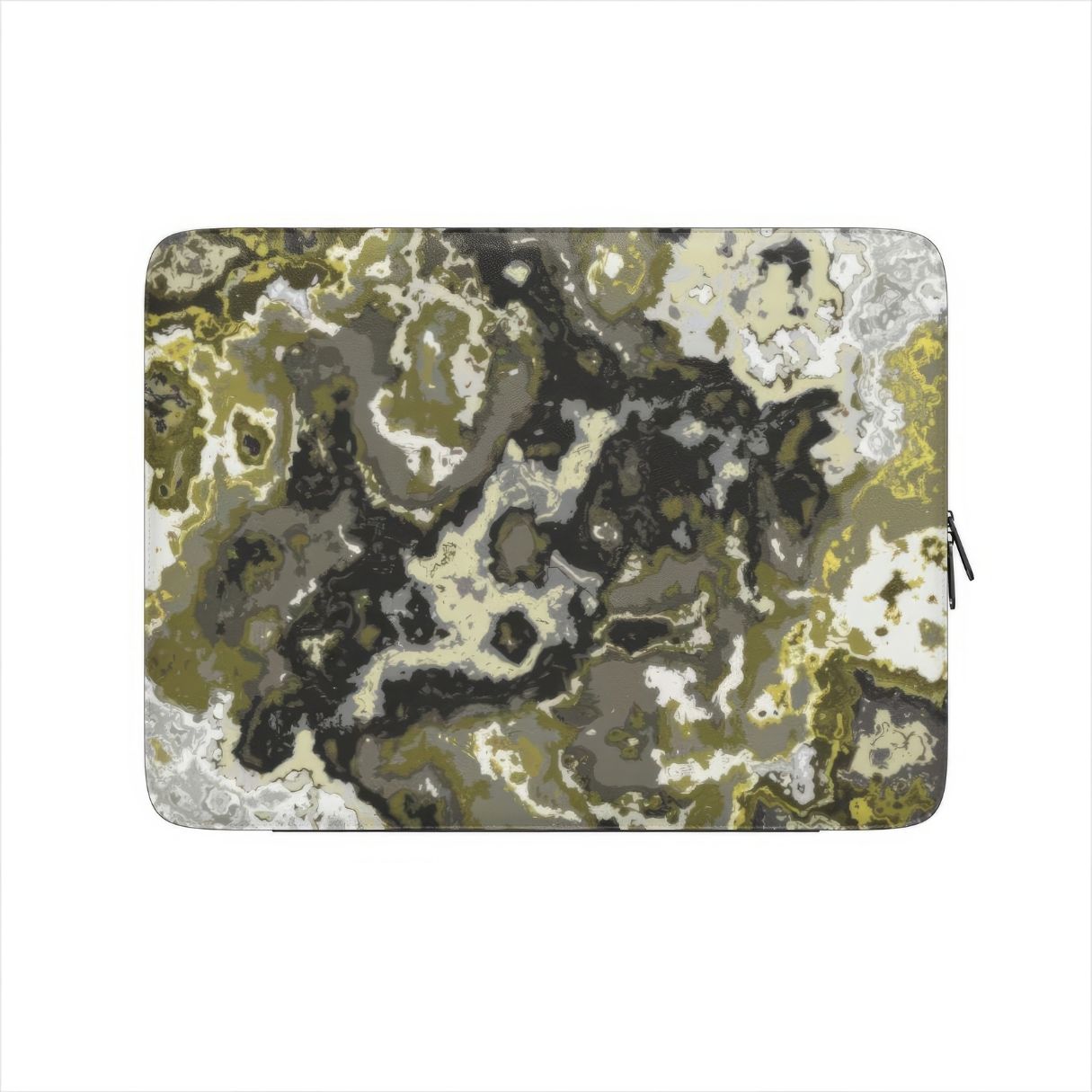 Laptop Sleeve with Spring Rain pattern, artistic, abstract marble pattern. Yellow, black and grey color combination. Bold expressive aesthetic design. Colorful and interior fit. Front view.