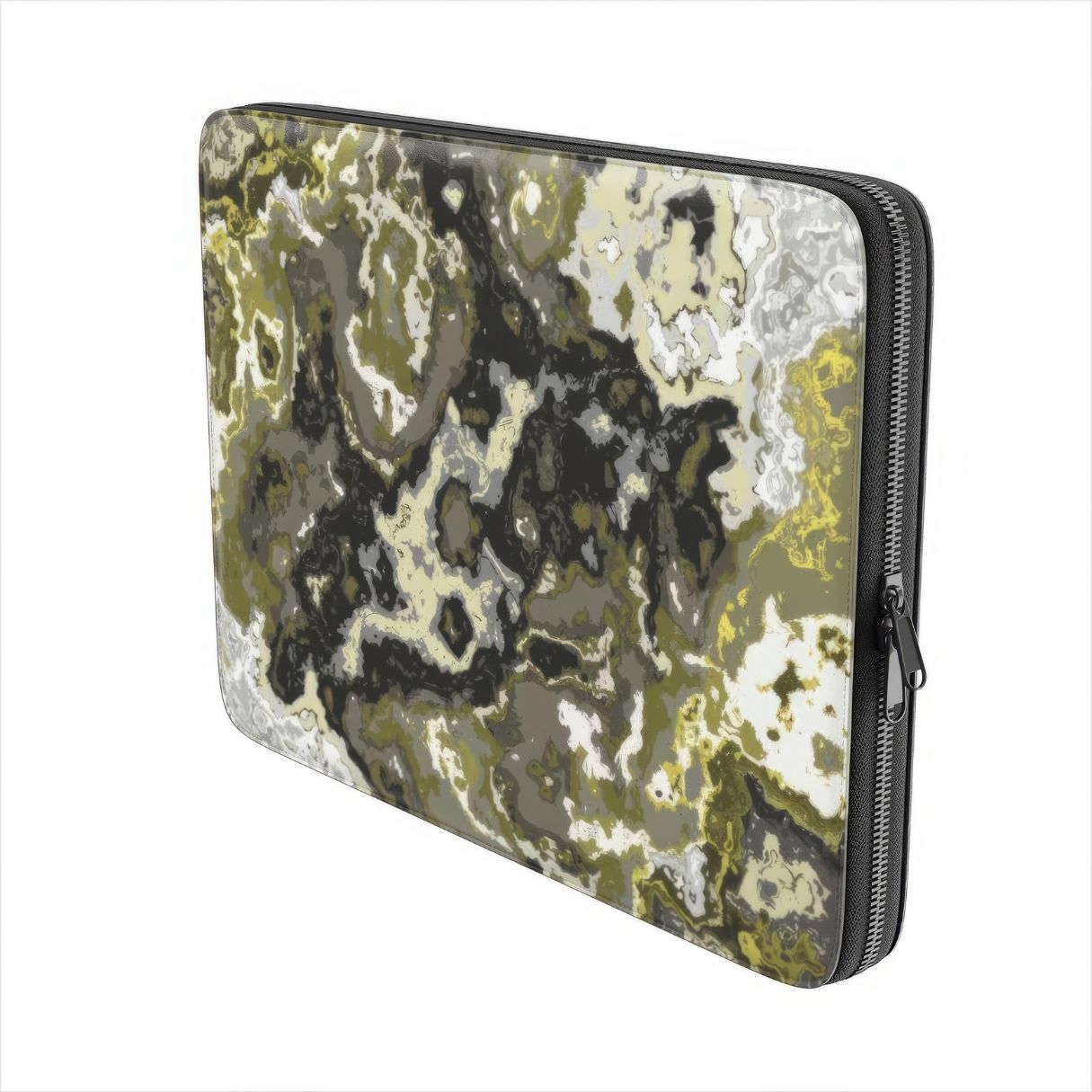 Laptop Sleeve with Spring Rain pattern, artistic, abstract marble pattern. Yellow, black and grey color combination. Bold expressive aesthetic design. Colorful and interior fit. Side view.