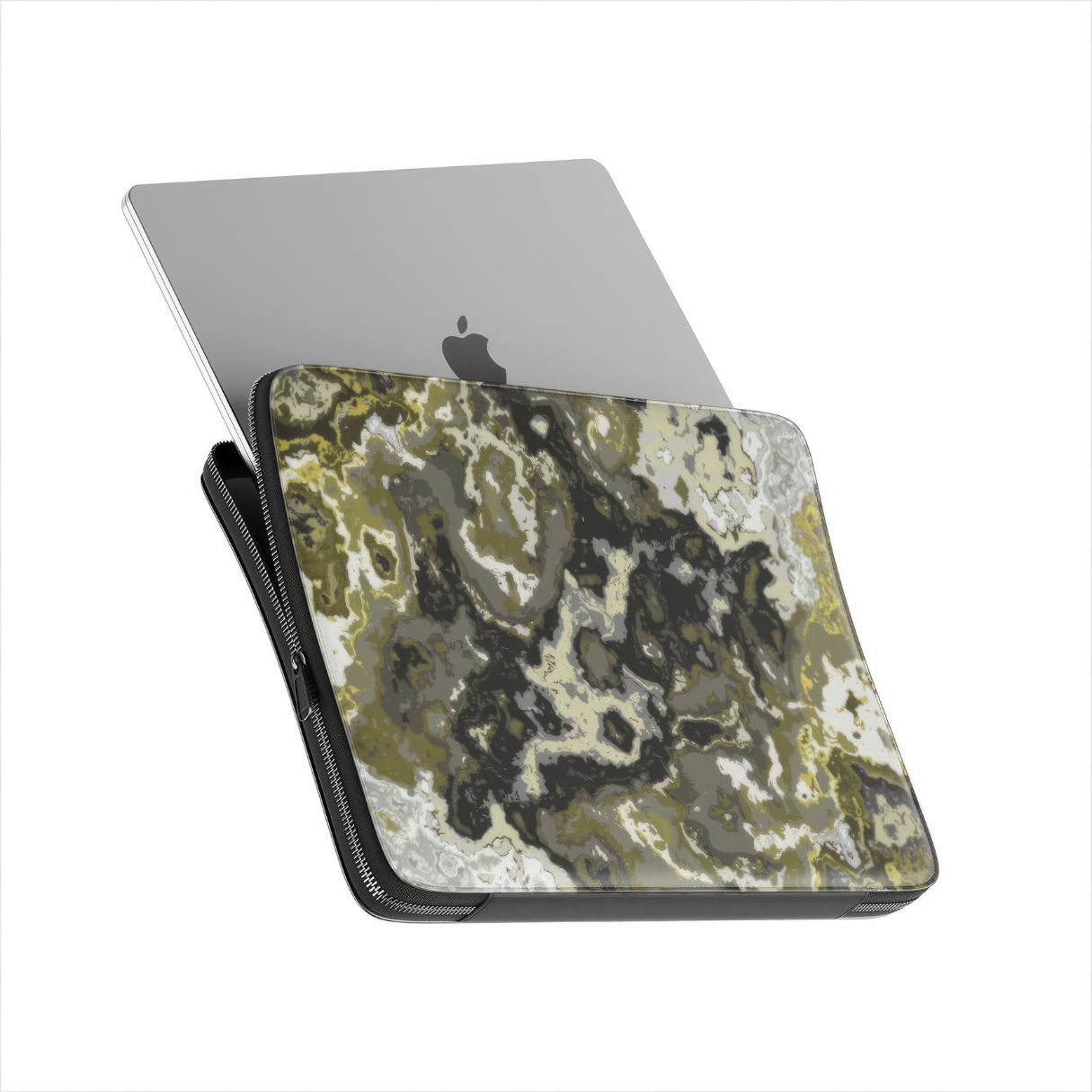 Laptop Sleeve with Spring Rain pattern, artistic, abstract marble pattern. Yellow, black and grey color combination. Bold expressive aesthetic design. Colorful and interior fit. Side view with device.