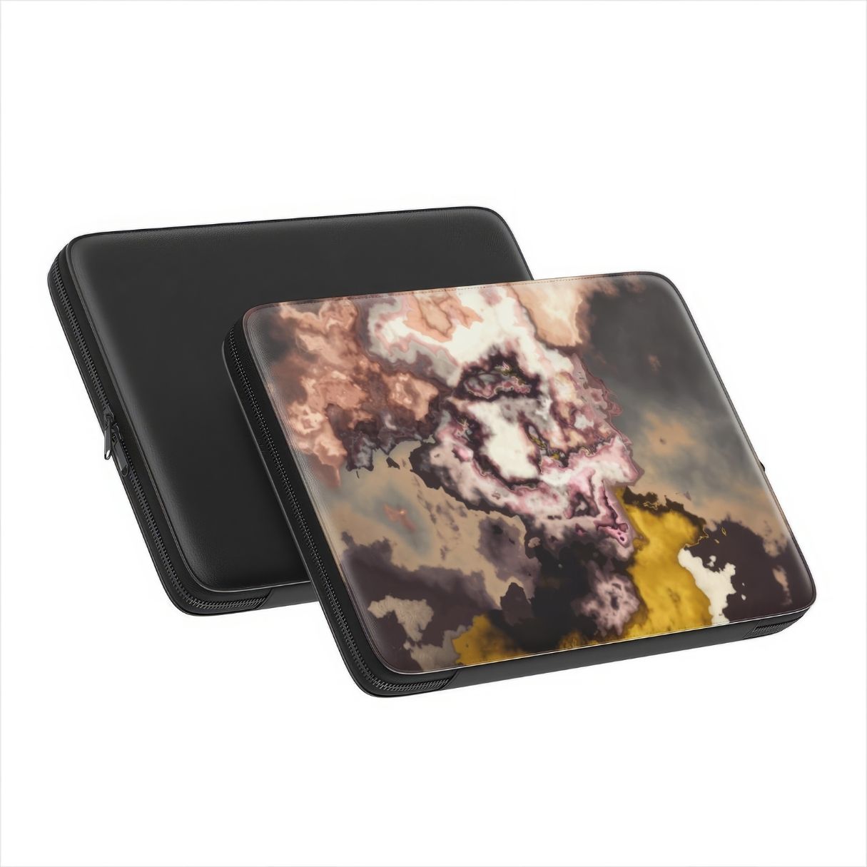 Laptop Sleeve with Storm pattern, artistic, abstract marble pattern. Yellow and beige color combination. Bold expressive aesthetic design. Colorful and interior fit. Front and back view.