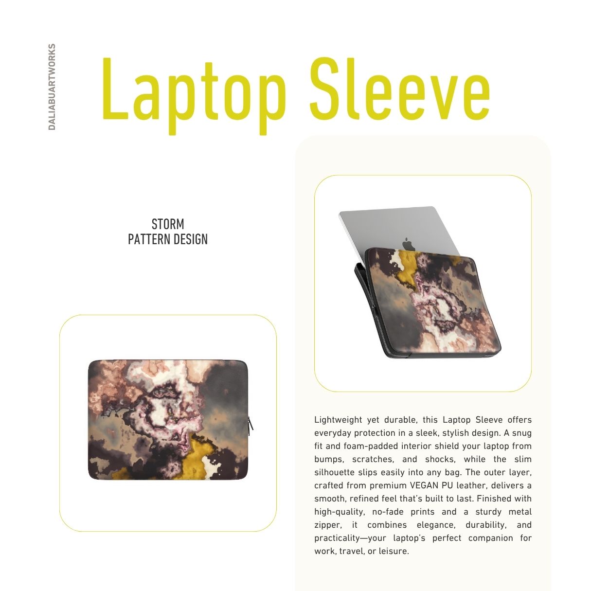 Laptop Sleeve with Storm pattern, artistic, abstract marble pattern. Yellow and beige color combination. Bold expressive aesthetic design. Colorful and interior fit. Description.