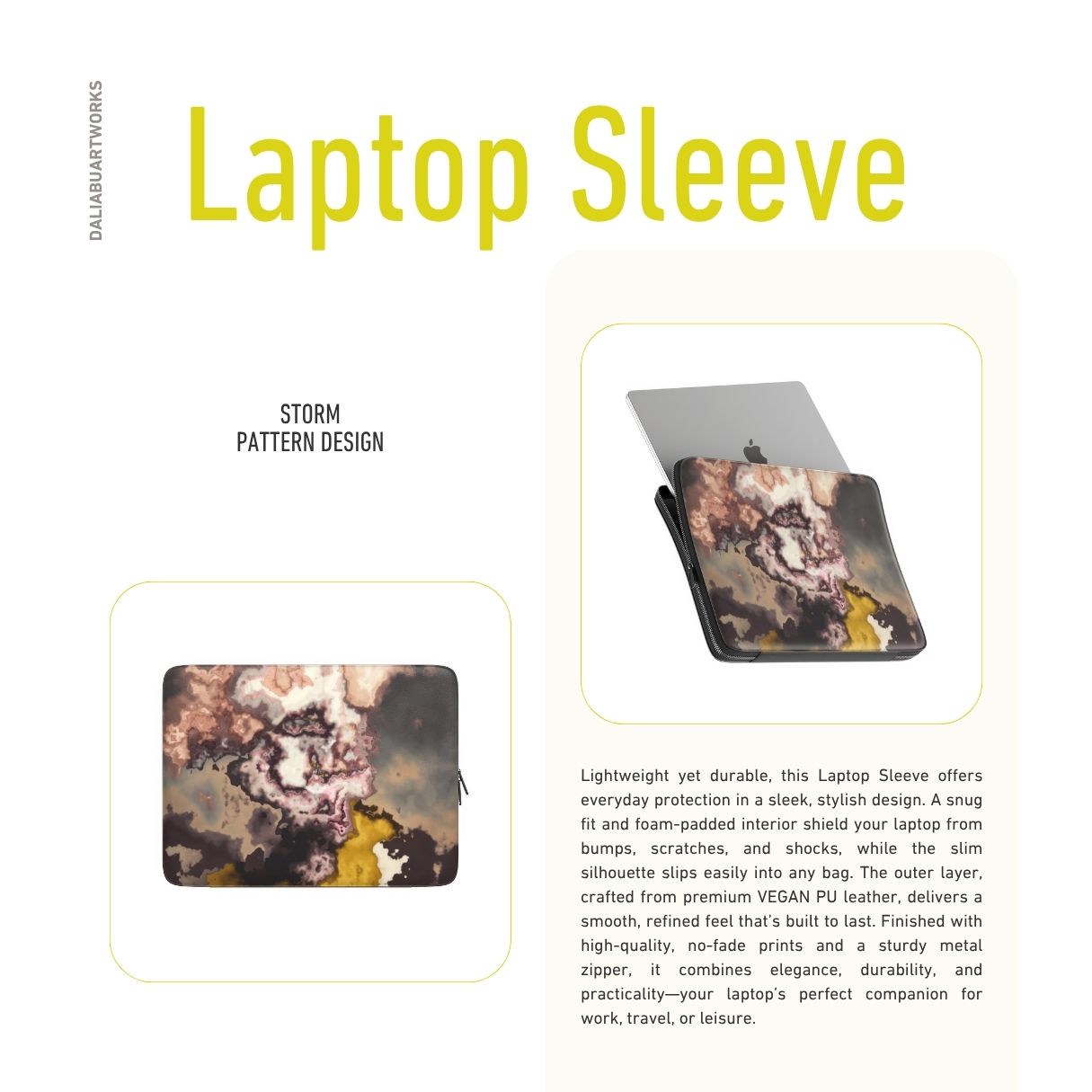 Laptop Sleeve with Storm pattern, artistic, abstract marble pattern. Yellow and beige color combination. Bold expressive aesthetic design. Colorful and interior fit. Description.