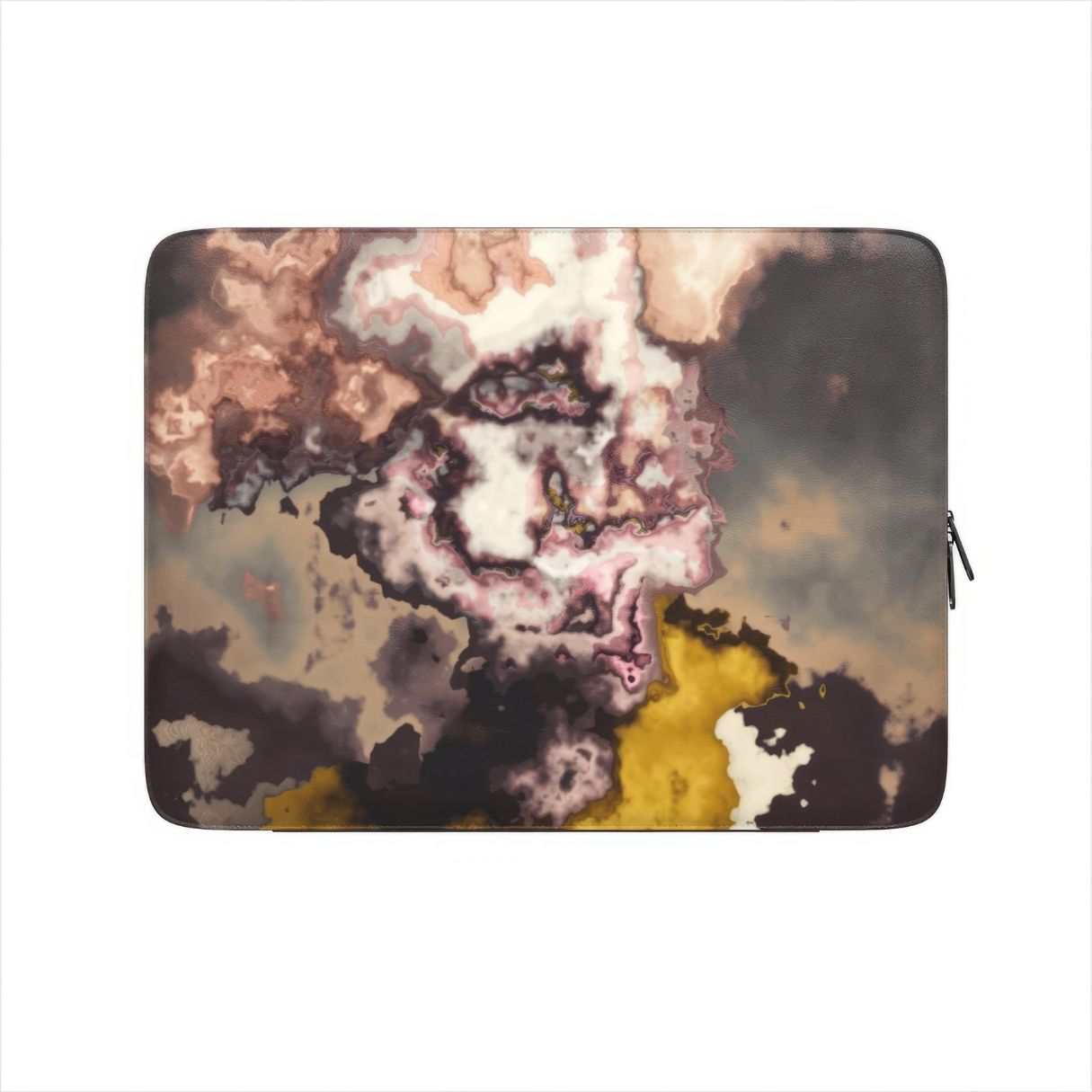 Laptop Sleeve with Storm pattern, artistic, abstract marble pattern. Yellow and beige color combination. Bold expressive aesthetic design. Colorful and interior fit. front view.