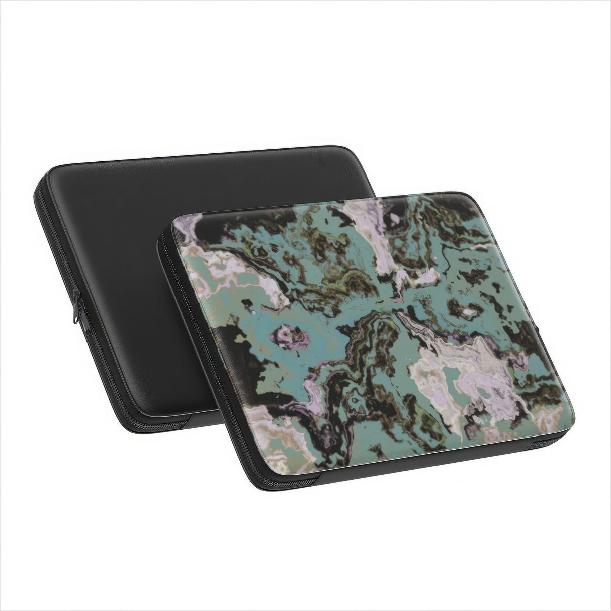 Laptop Sleeve with with a bold vivid pattern in marble abstract and artistic style, featuring an elegant and expressive aesthetic design. Main colors are teal blue and light lilac. front and back view.
