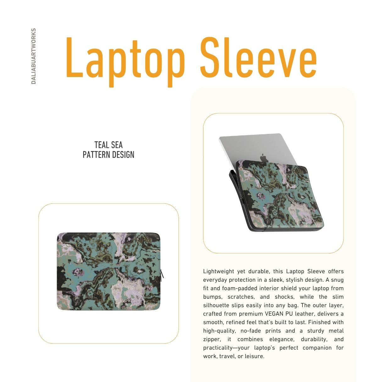Laptop Sleeve with with a bold vivid pattern in marble abstract and artistic style, featuring an elegant and expressive aesthetic design. Main colors are teal blue and light lilac. Description.