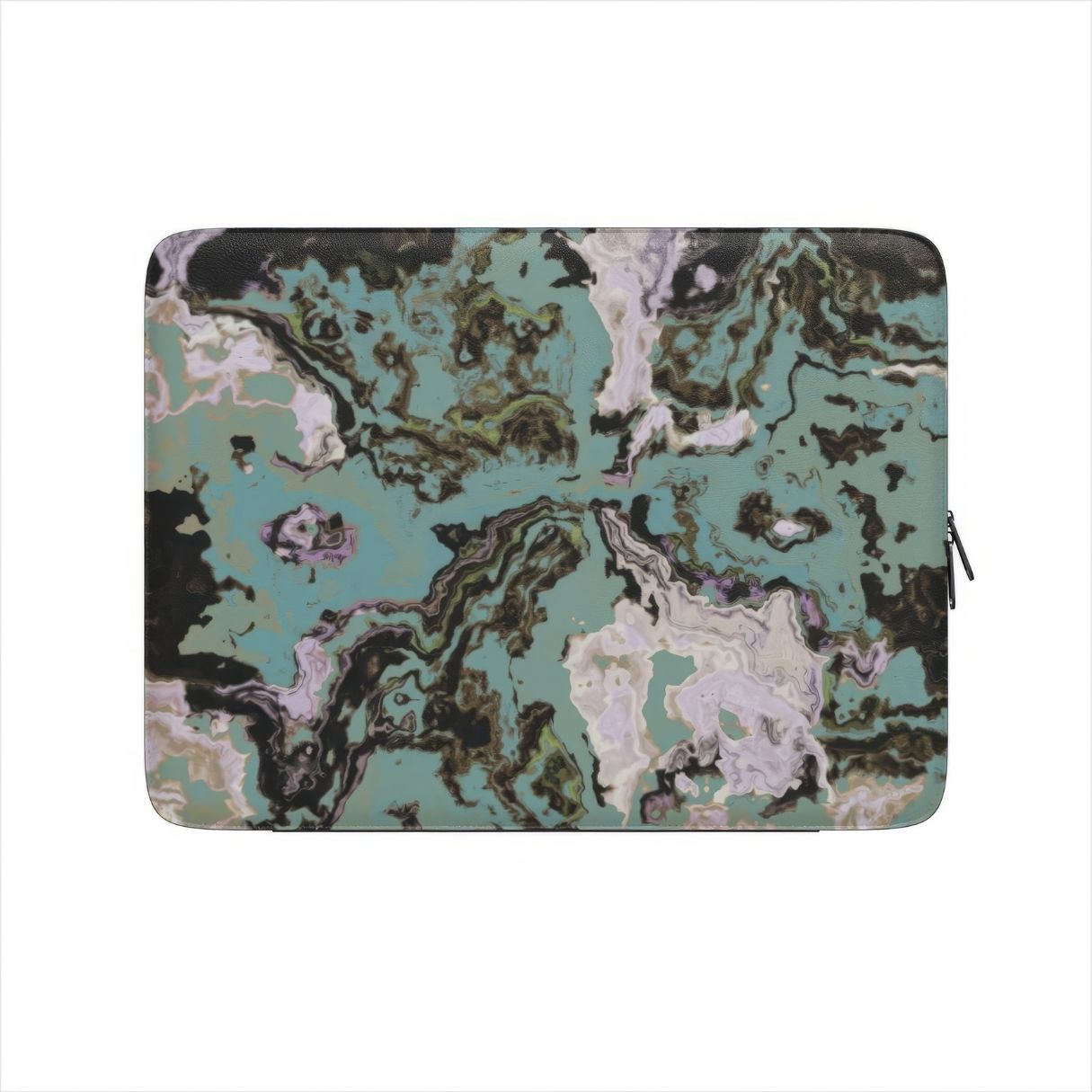 Laptop Sleeve with with a bold vivid pattern in marble abstract and artistic style, featuring an elegant and expressive aesthetic design. Main colors are teal blue and light lilac. Front view.
