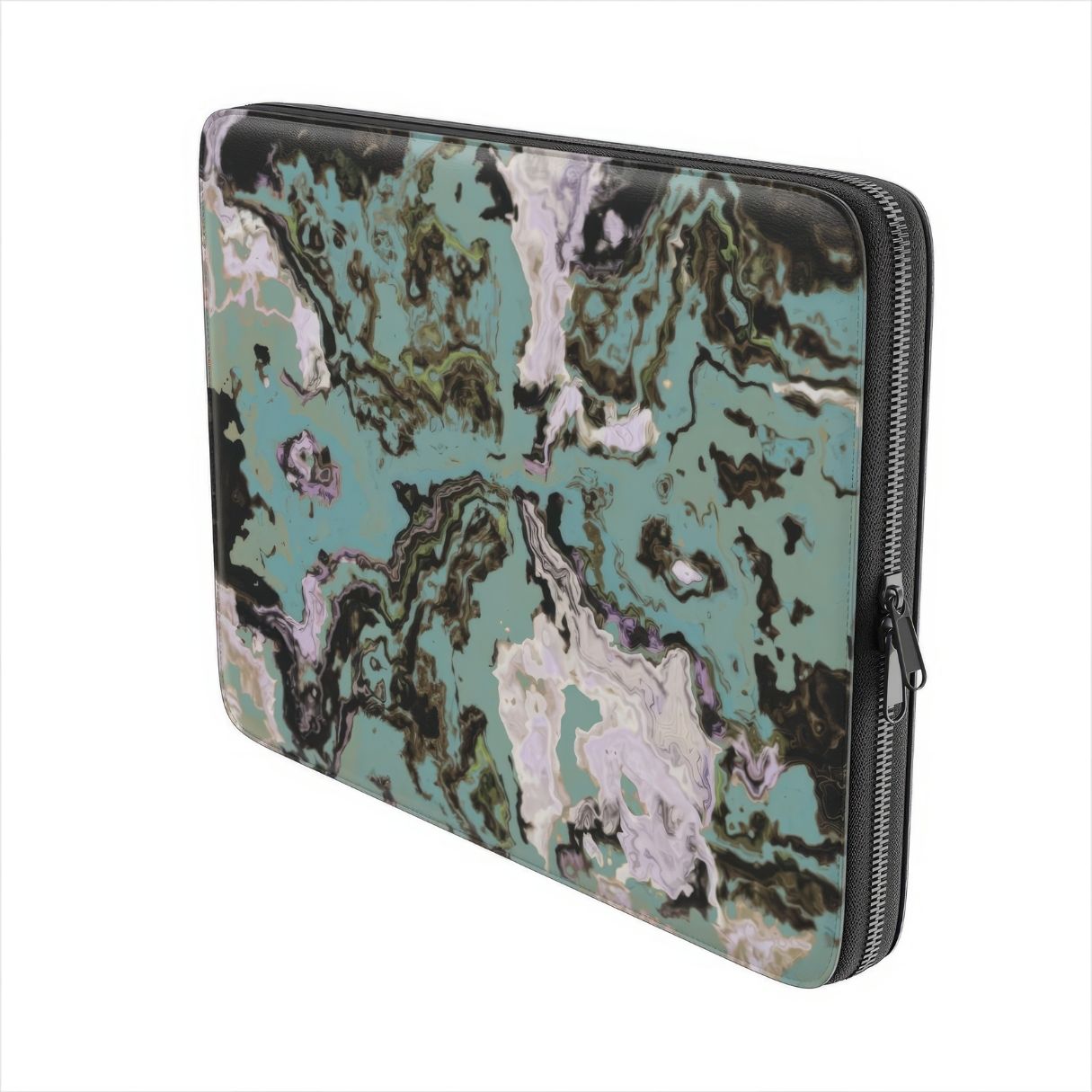 Laptop Sleeve with with a bold vivid pattern in marble abstract and artistic style, featuring an elegant and expressive aesthetic design. Main colors are teal blue and light lilac. Side view.