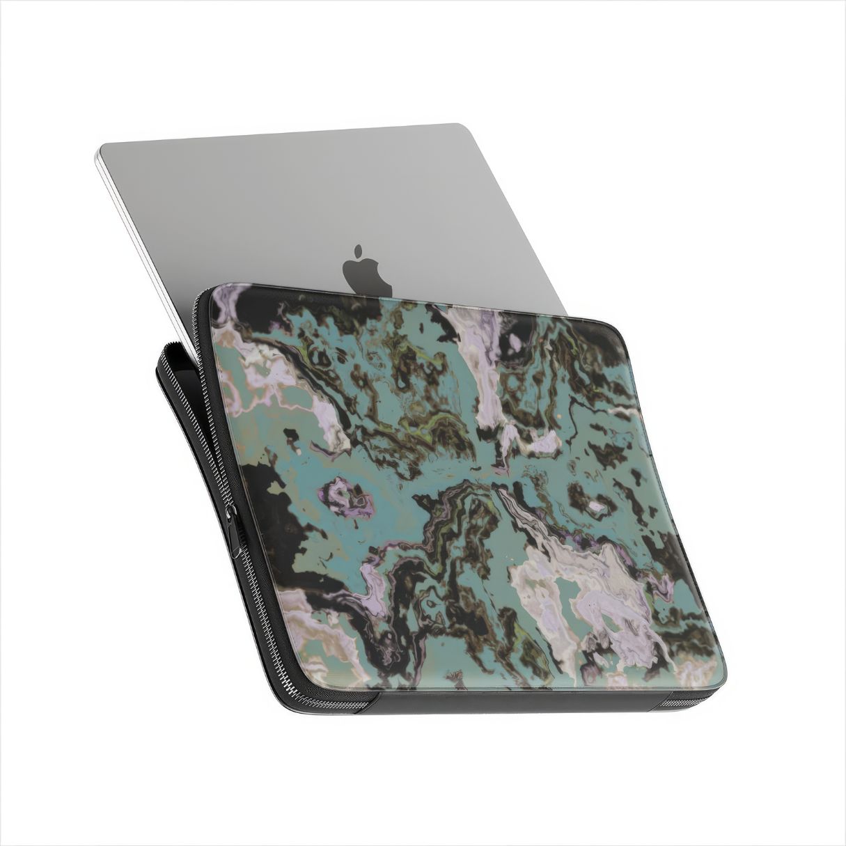 Laptop Sleeve with with a bold vivid pattern in marble abstract and artistic style, featuring an elegant and expressive aesthetic design. Main colors are teal blue and light lilac. Side view with device.