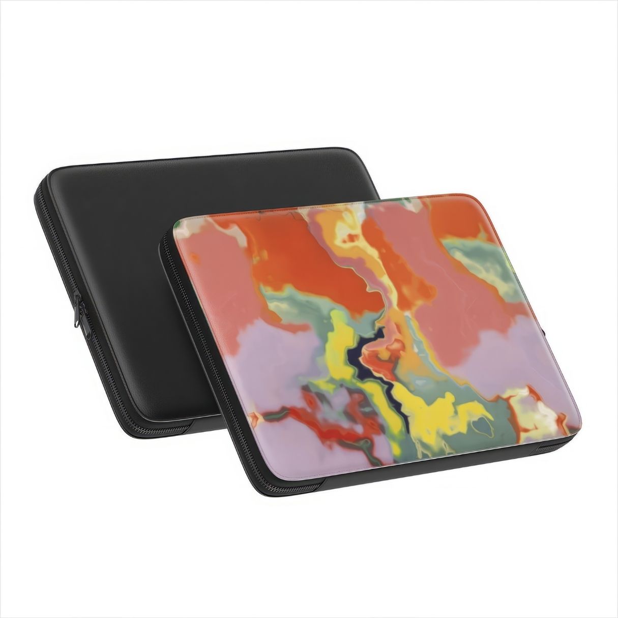 Laptop Sleeve with Tropical pattern, artistic, abstract marble pattern. Orange and green color combination. Bold expressive aesthetic design. Colorful and interior fit. Front and back view.