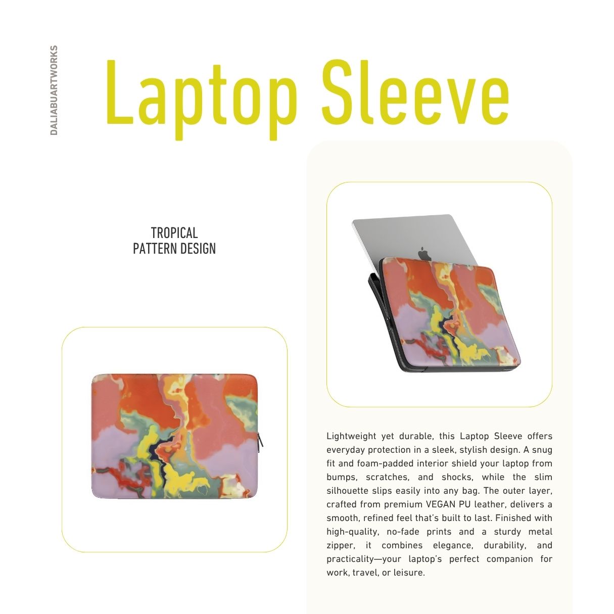 Laptop Sleeve with Tropical pattern, artistic, abstract marble pattern. Orange and green color combination. Bold expressive aesthetic design. Colorful and interior fit. Description.