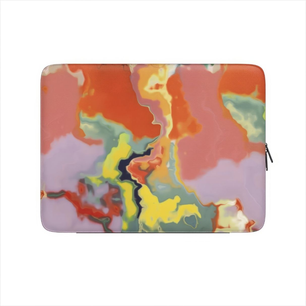 Laptop Sleeve with Tropical pattern, artistic, abstract marble pattern. Orange and green color combination. Bold expressive aesthetic design. Colorful and interior fit. Front view.