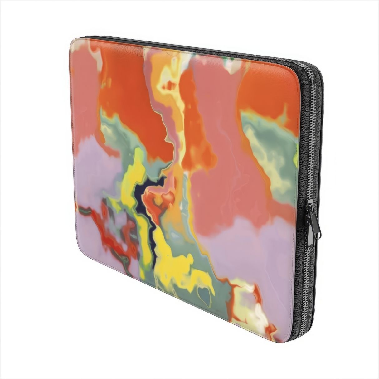 Laptop Sleeve with Tropical pattern, artistic, abstract marble pattern. Orange and green color combination. Bold expressive aesthetic design. Colorful and interior fit. Side view.