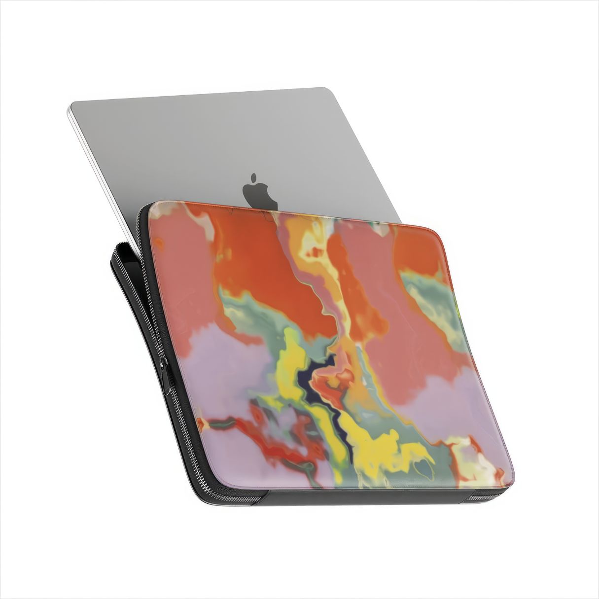 Laptop Sleeve with Tropical pattern, artistic, abstract marble pattern. Orange and green color combination. Bold expressive aesthetic design. Colorful and interior fit. Side view with device.