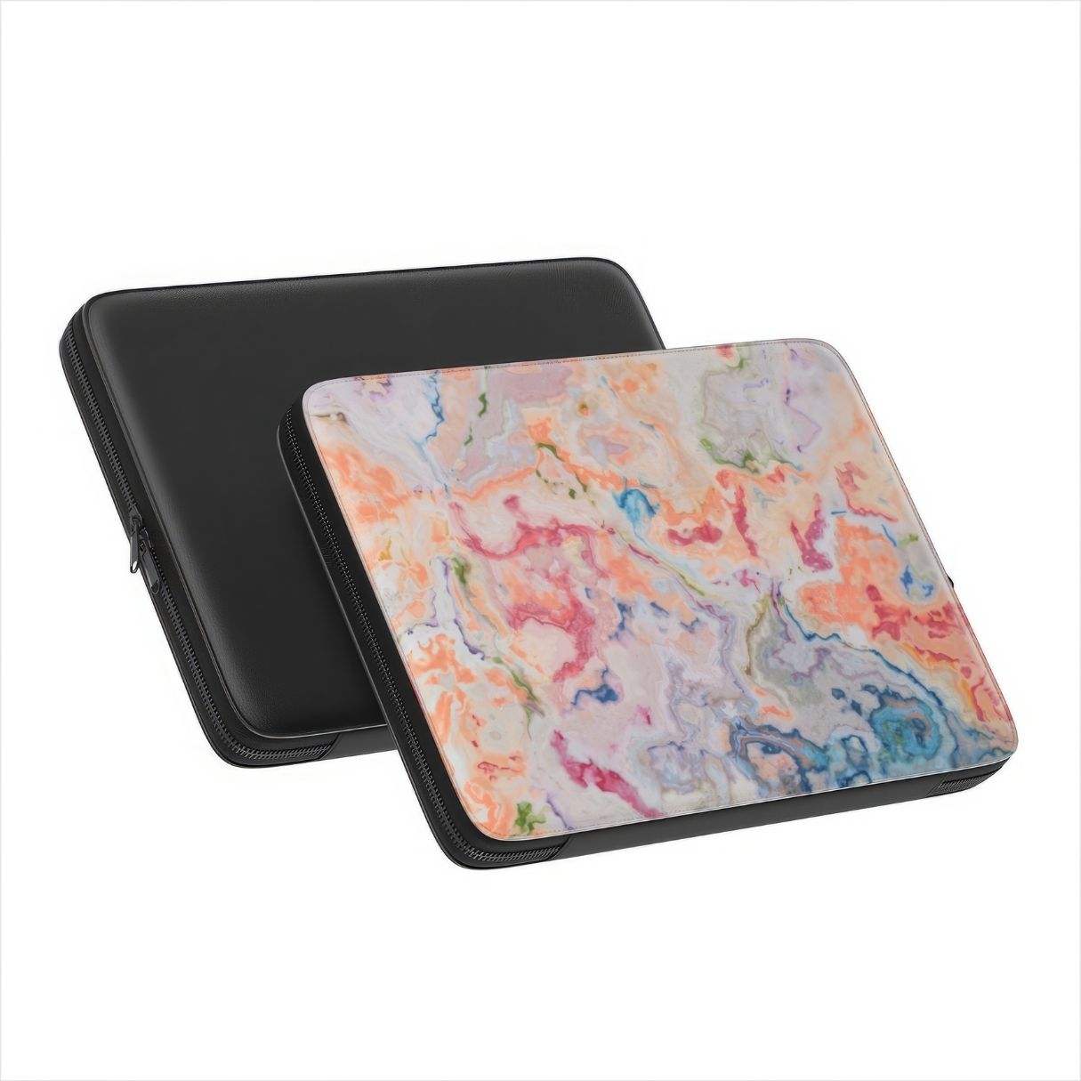 Laptop Sleeve with a bold vivid pattern Ufo in marble abstract and artistic style, featuring an elegant and expressive aesthetic design. Main colors are blue, orange and red. Side and back view.