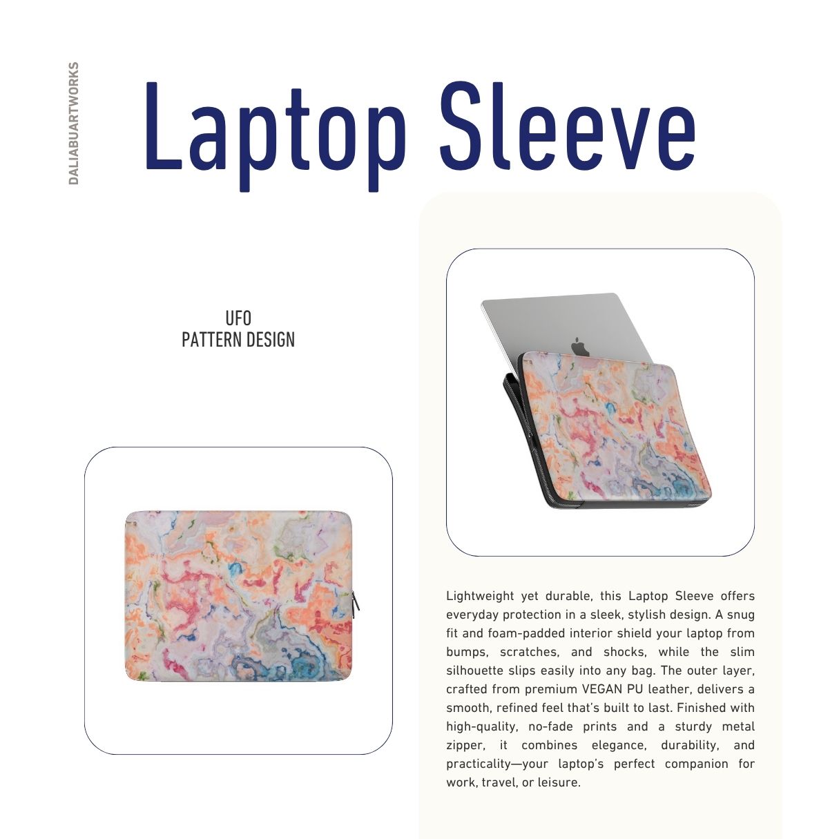 Laptop Sleeve with a bold vivid pattern Ufo in marble abstract and artistic style, featuring an elegant and expressive aesthetic design. Main colors are blue, orange and red. Description.