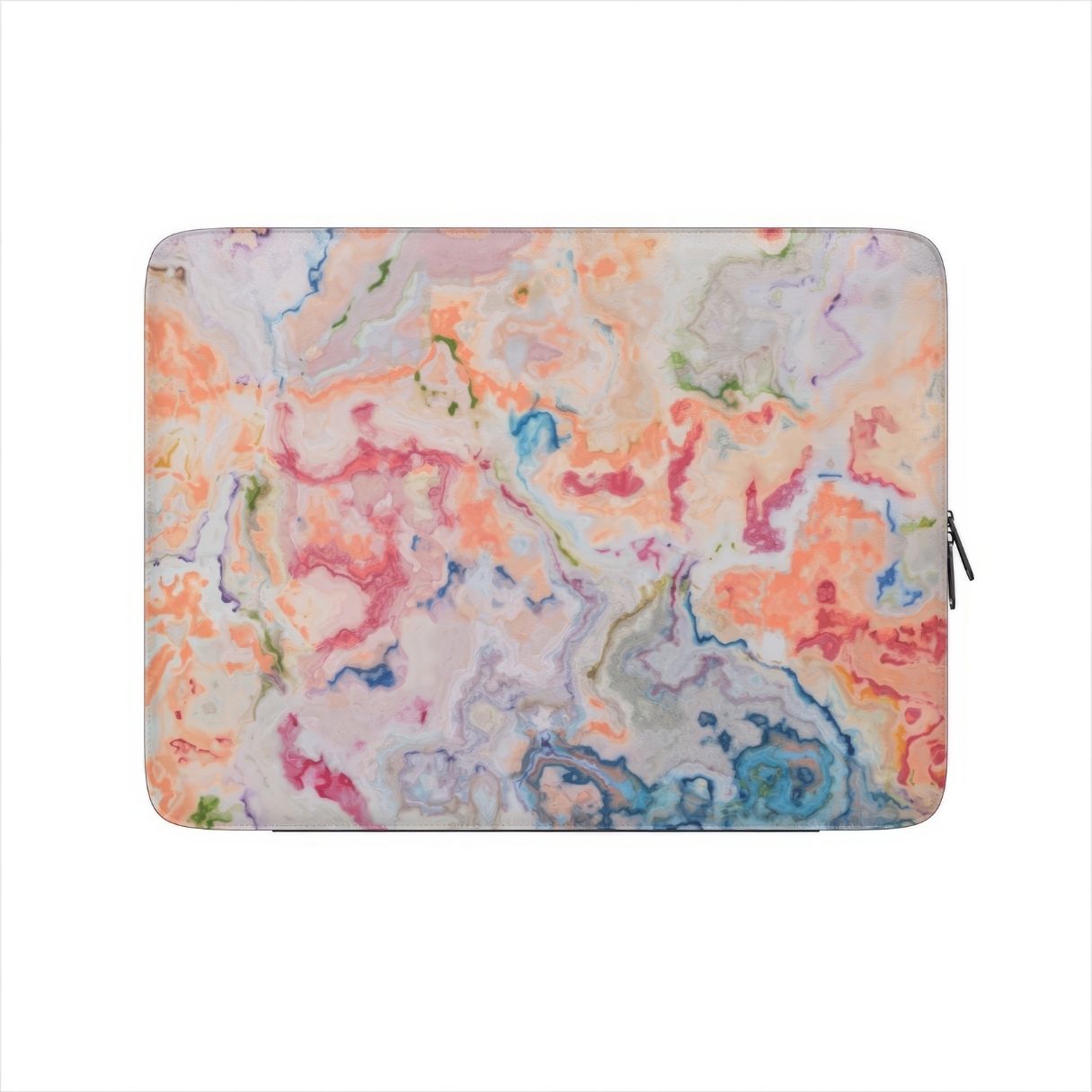 Laptop Sleeve with a bold vivid pattern Ufo in marble abstract and artistic style, featuring an elegant and expressive aesthetic design. Main colors are blue, orange and red. Front view.