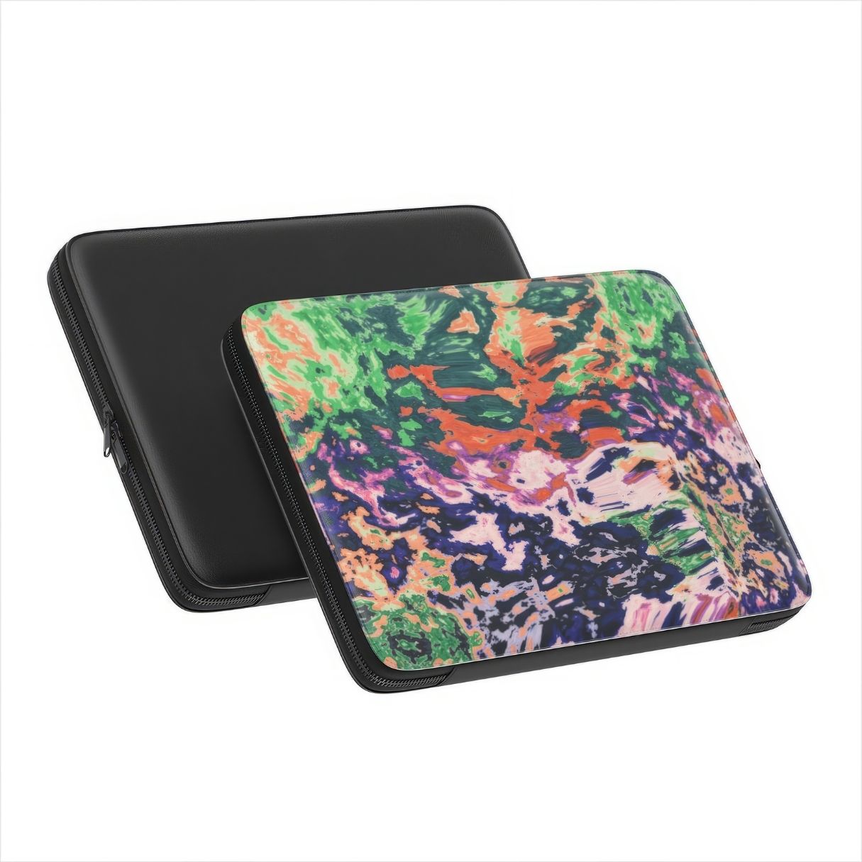 Laptop Sleeve with a bold vivid pattern Vincet in marble abstract and artistic style, featuring an elegant and expressive aesthetic design. Main colors are purple, orange and green. Front and back view.