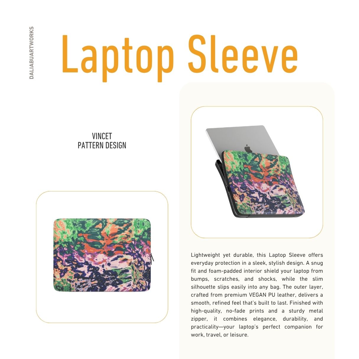 Laptop Sleeve with a bold vivid pattern Vincet in marble abstract and artistic style, featuring an elegant and expressive aesthetic design. Main colors are purple, orange and green. Description.
