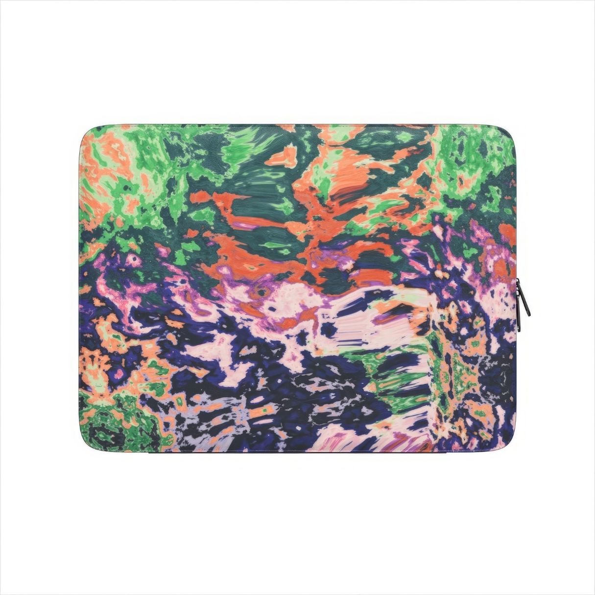 Laptop Sleeve with a bold vivid pattern Vincet in marble abstract and artistic style, featuring an elegant and expressive aesthetic design. Main colors are purple, orange and green. Side view. Front view.