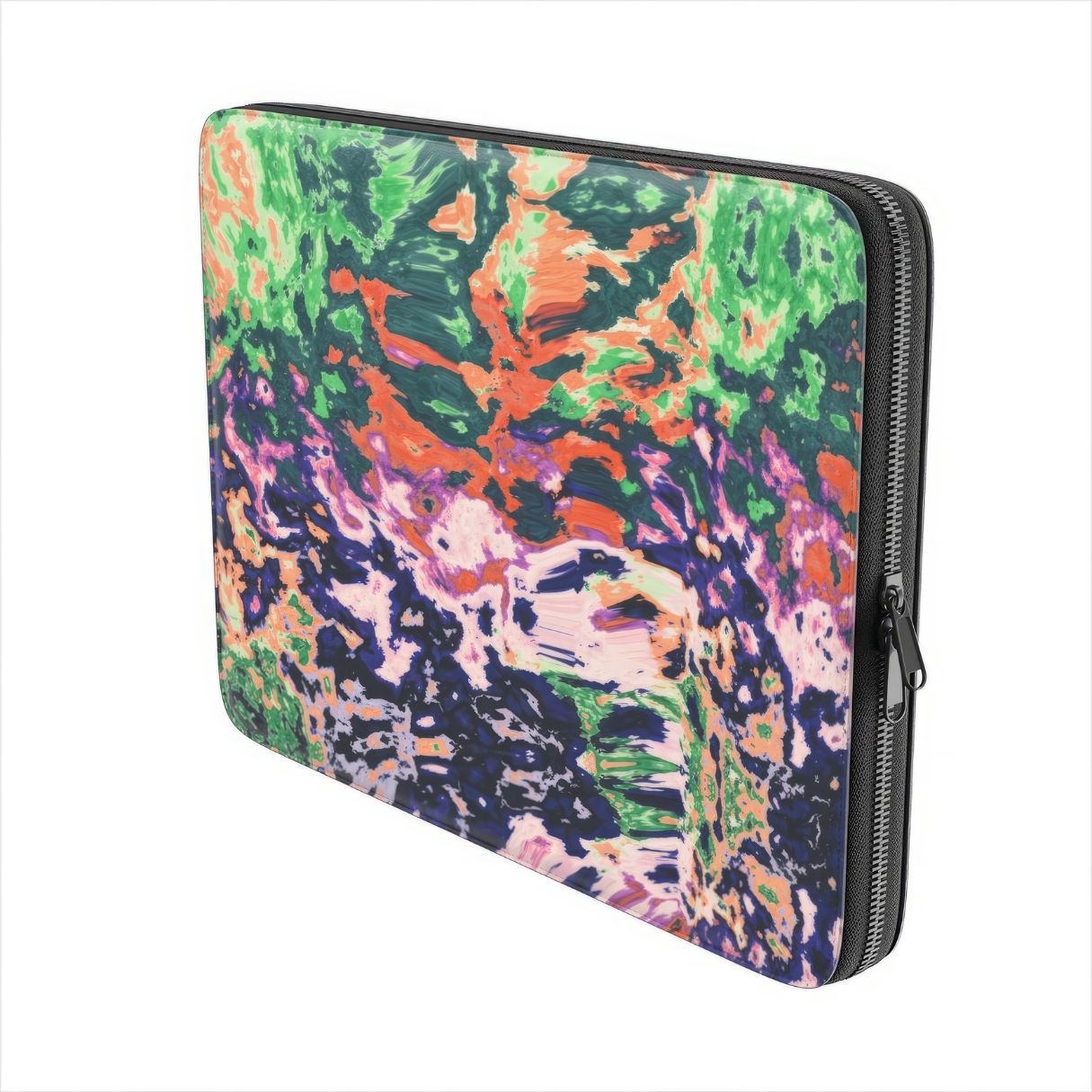 Laptop Sleeve with a bold vivid pattern Vincet in marble abstract and artistic style, featuring an elegant and expressive aesthetic design. Main colors are purple, orange and green. Side view.