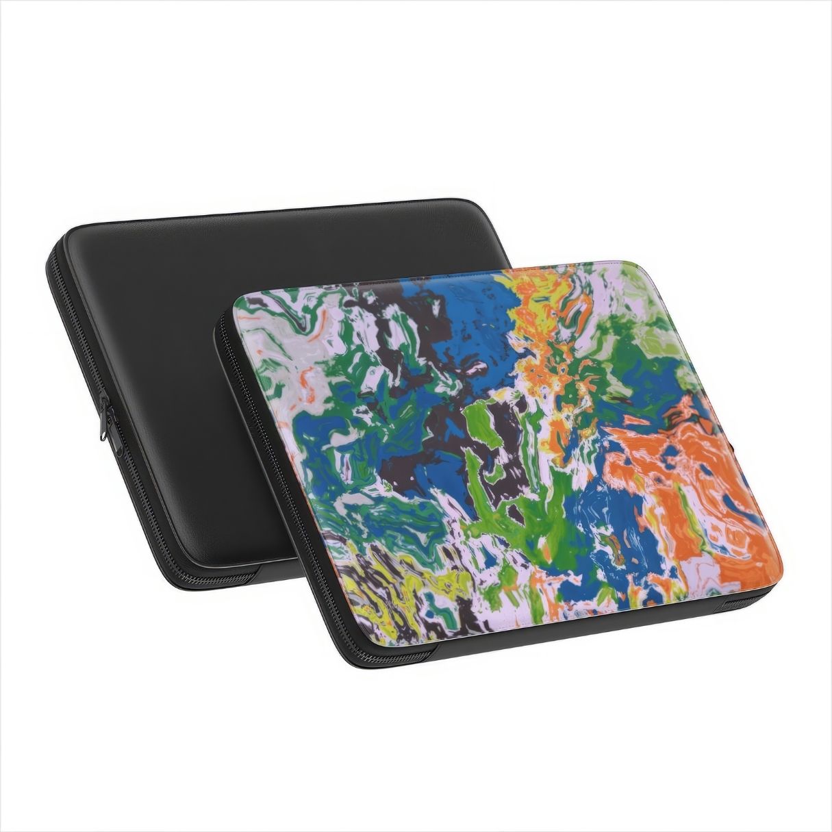 Laptop Sleeve with a bold vivid pattern in marble abstract and artistic style, featuring an elegant and expressive aesthetic design. Main colors are blue, green and yellow with slight orange. Front and view.