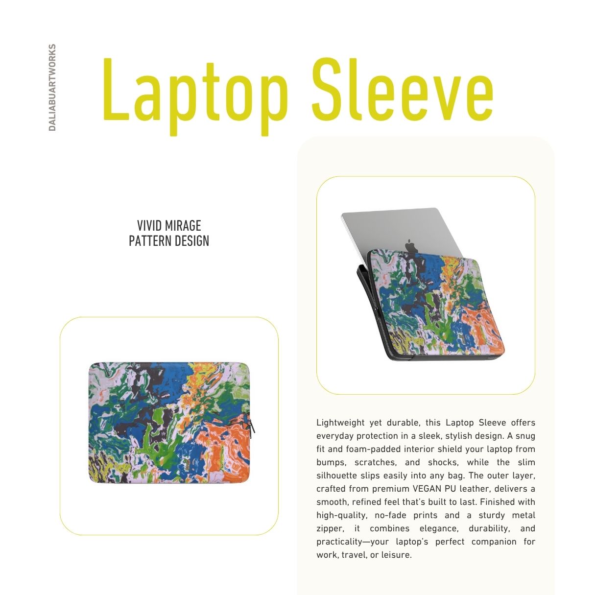 Laptop Sleeve with a bold vivid pattern in marble abstract and artistic style, featuring an elegant and expressive aesthetic design. Main colors are blue, green and yellow with slight orange. Description.