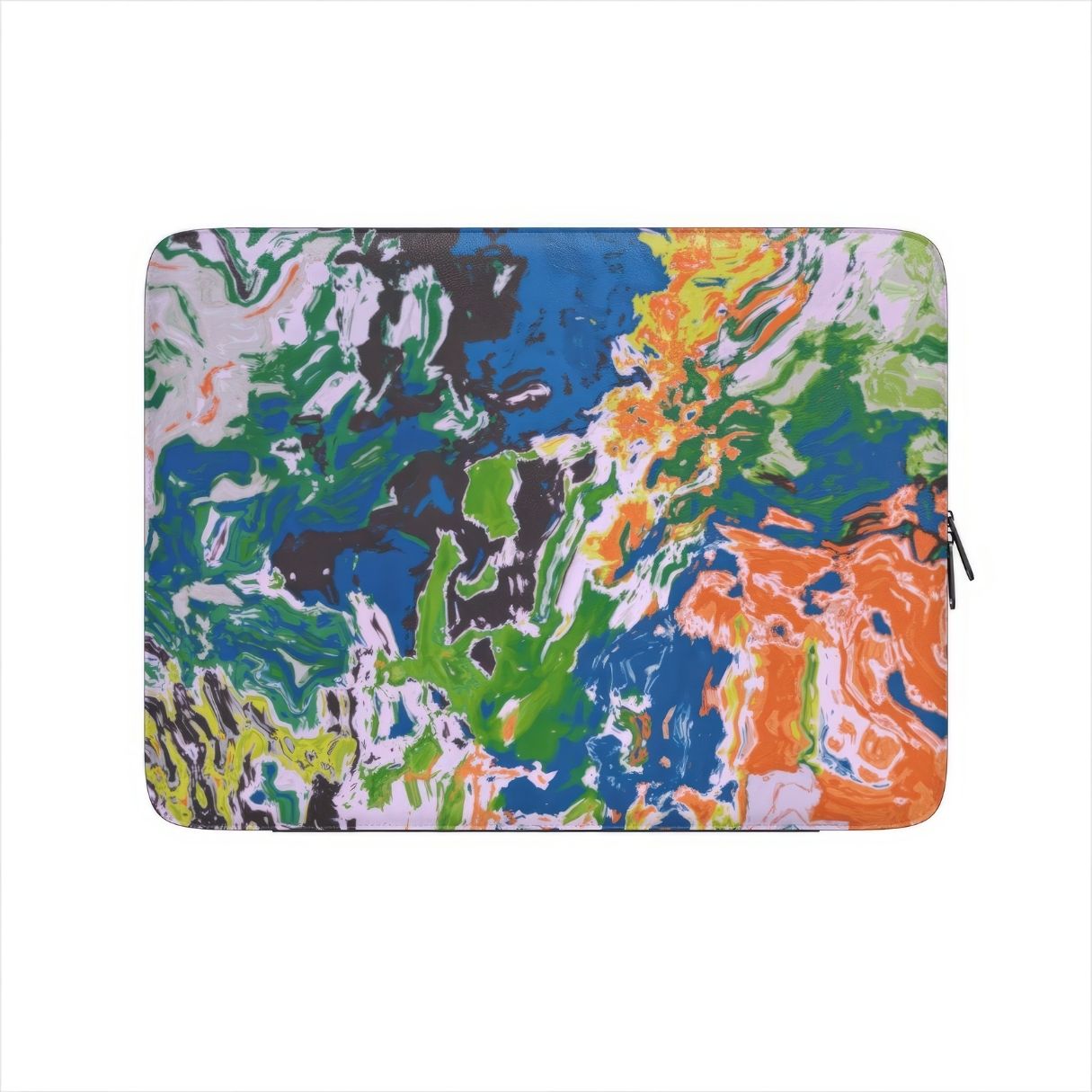 Laptop Sleeve with a bold vivid pattern in marble abstract and artistic style, featuring an elegant and expressive aesthetic design. Main colors are blue, green and yellow with slight orange. Front view.