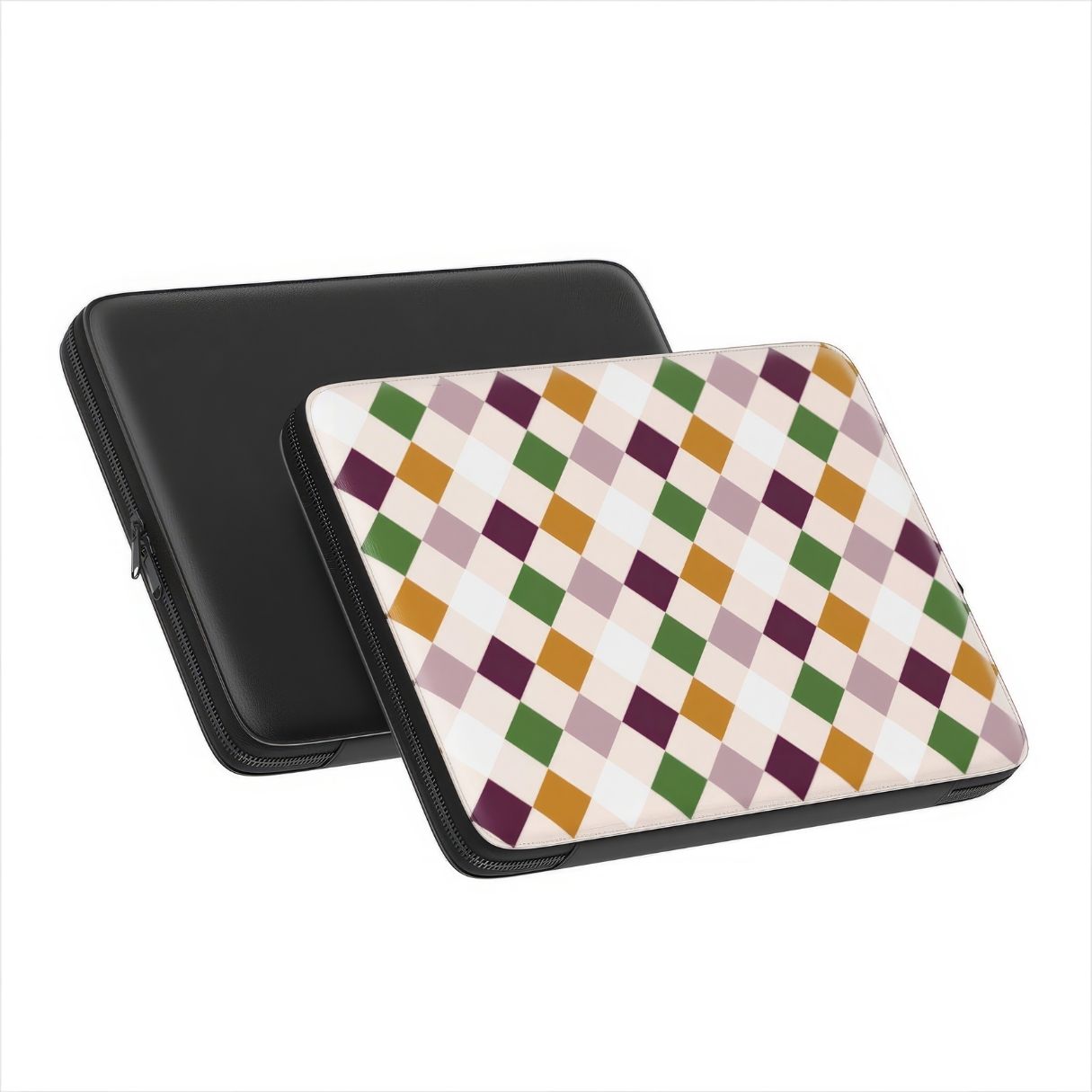Laptop Sleeve with Wonder Chess pattern design with a dynamic geometric symmetry in chess style, featuring an elegant and expressive aesthetic design. Main colors are sugar brown, green, deep cherry and pink. Front and back view.