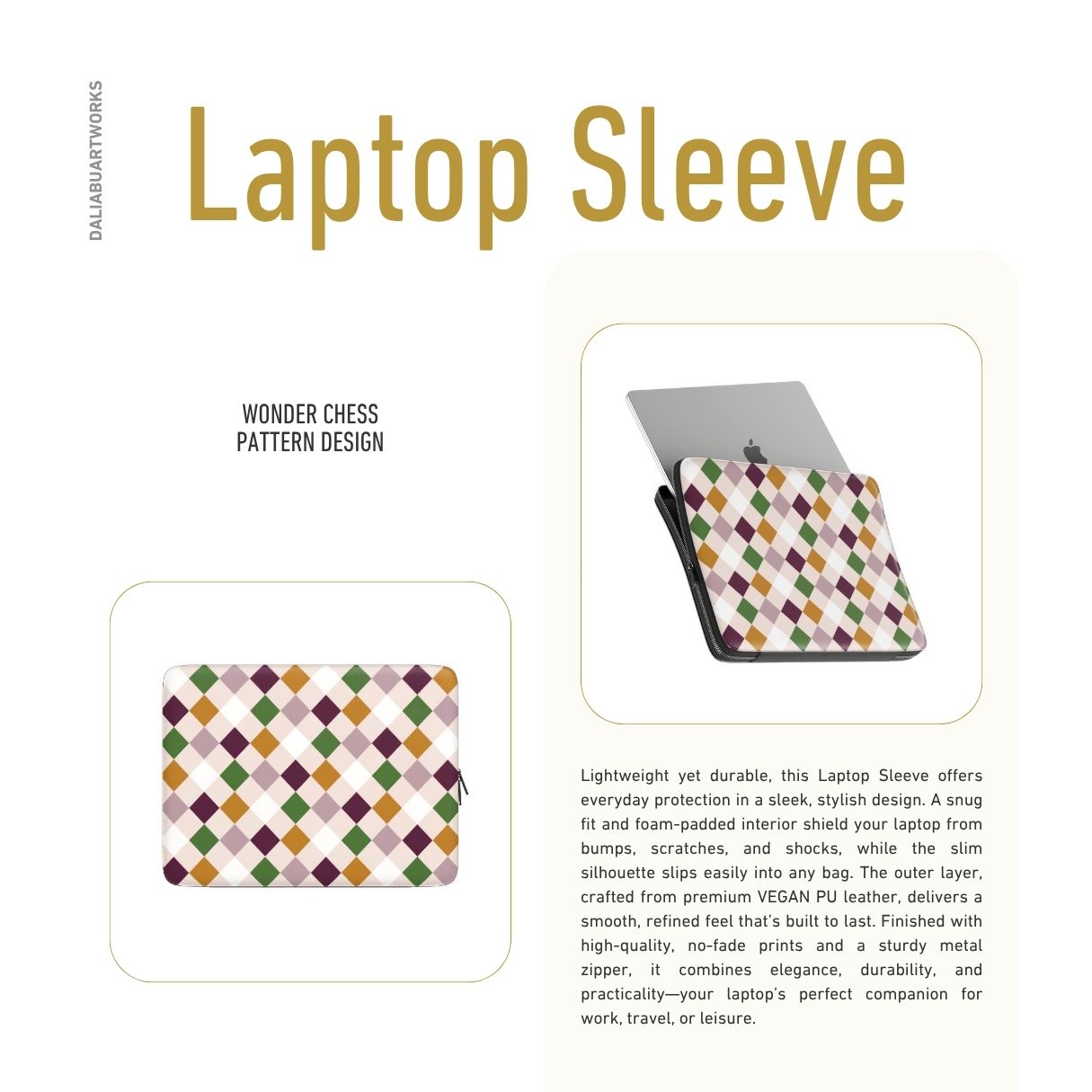 Laptop Sleeve with Wonder Chess pattern design with a dynamic geometric symmetry in chess style, featuring an elegant and expressive aesthetic design. Main colors are sugar brown, green, deep cherry and pink. Description.