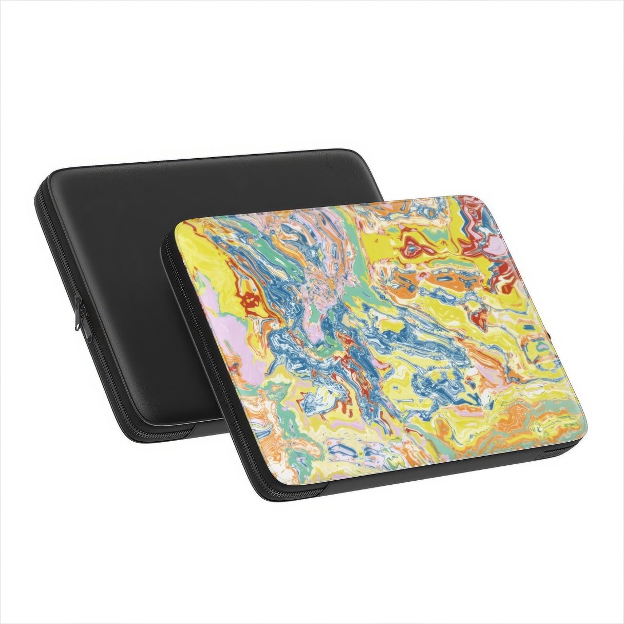 Laptop Sleeve with a bold vivid pattern Yell Ow abstract and artistic style, featuring an elegant and expressive aesthetic design. Main colors are yellow and blue. Front and back view.