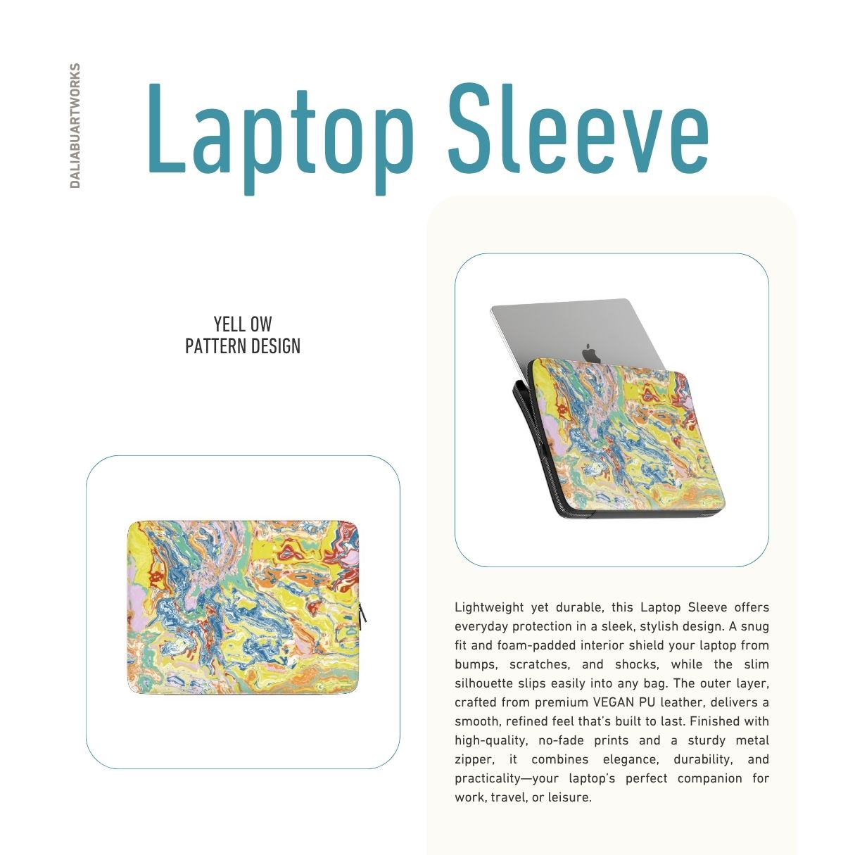 Laptop Sleeve with a bold vivid pattern Yell Ow abstract and artistic style, featuring an elegant and expressive aesthetic design. Main colors are yellow and blue. Description.