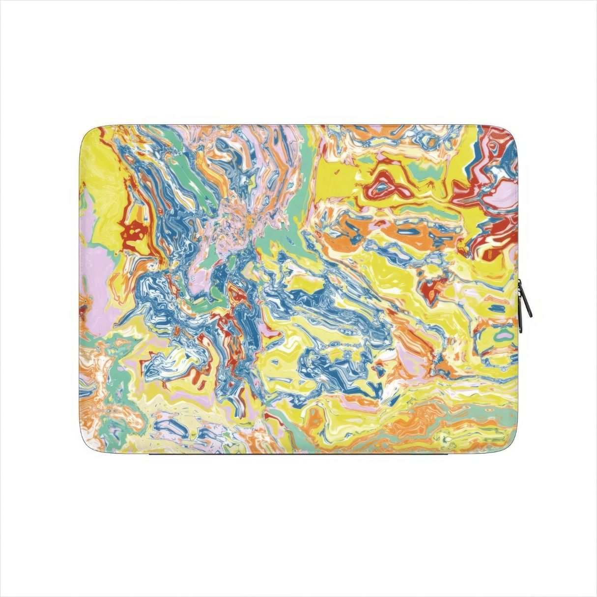Laptop Sleeve with a bold vivid pattern Yell Ow abstract and artistic style, featuring an elegant and expressive aesthetic design. Main colors are yellow and blue. Front view.