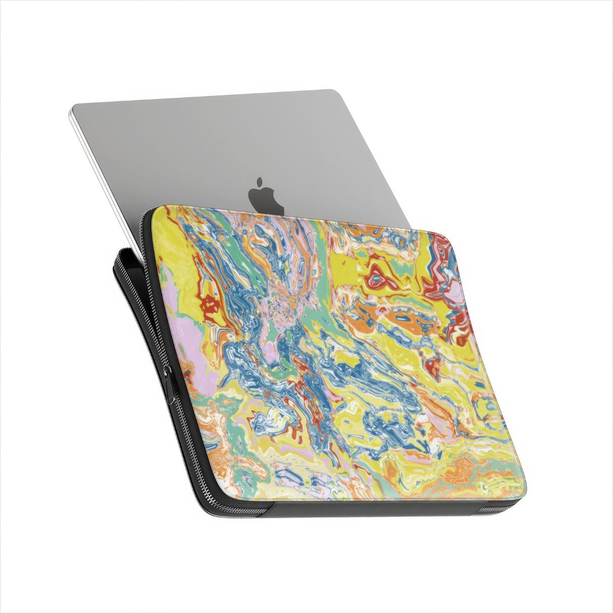 Laptop Sleeve with a bold vivid pattern Yell Ow abstract and artistic style, featuring an elegant and expressive aesthetic design. Main colors are yellow and blue. Side view with device.