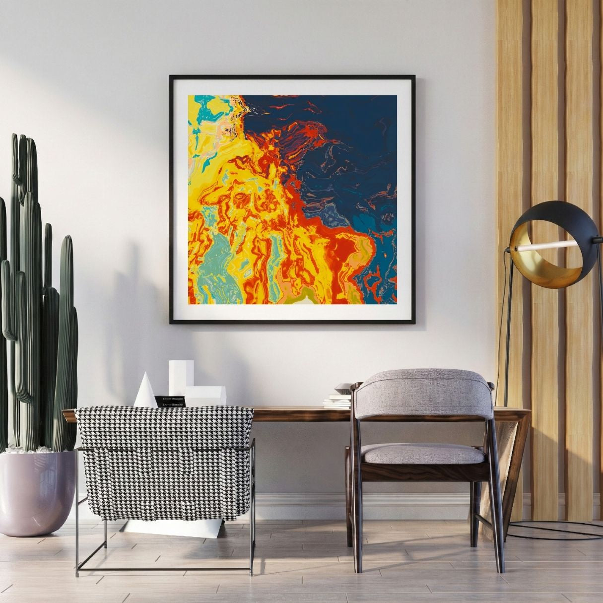 Modern interior with a colorful abstract painting on the wall, a desk, and chairs.
