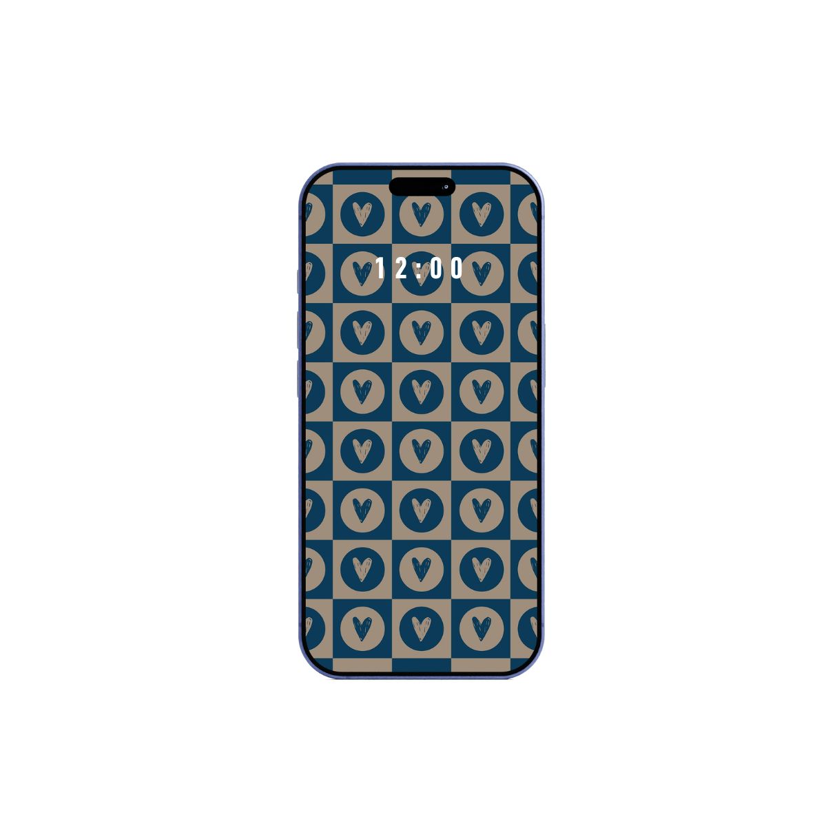 Phone with blue heart pattern wallpaper on a white background. Instant download.