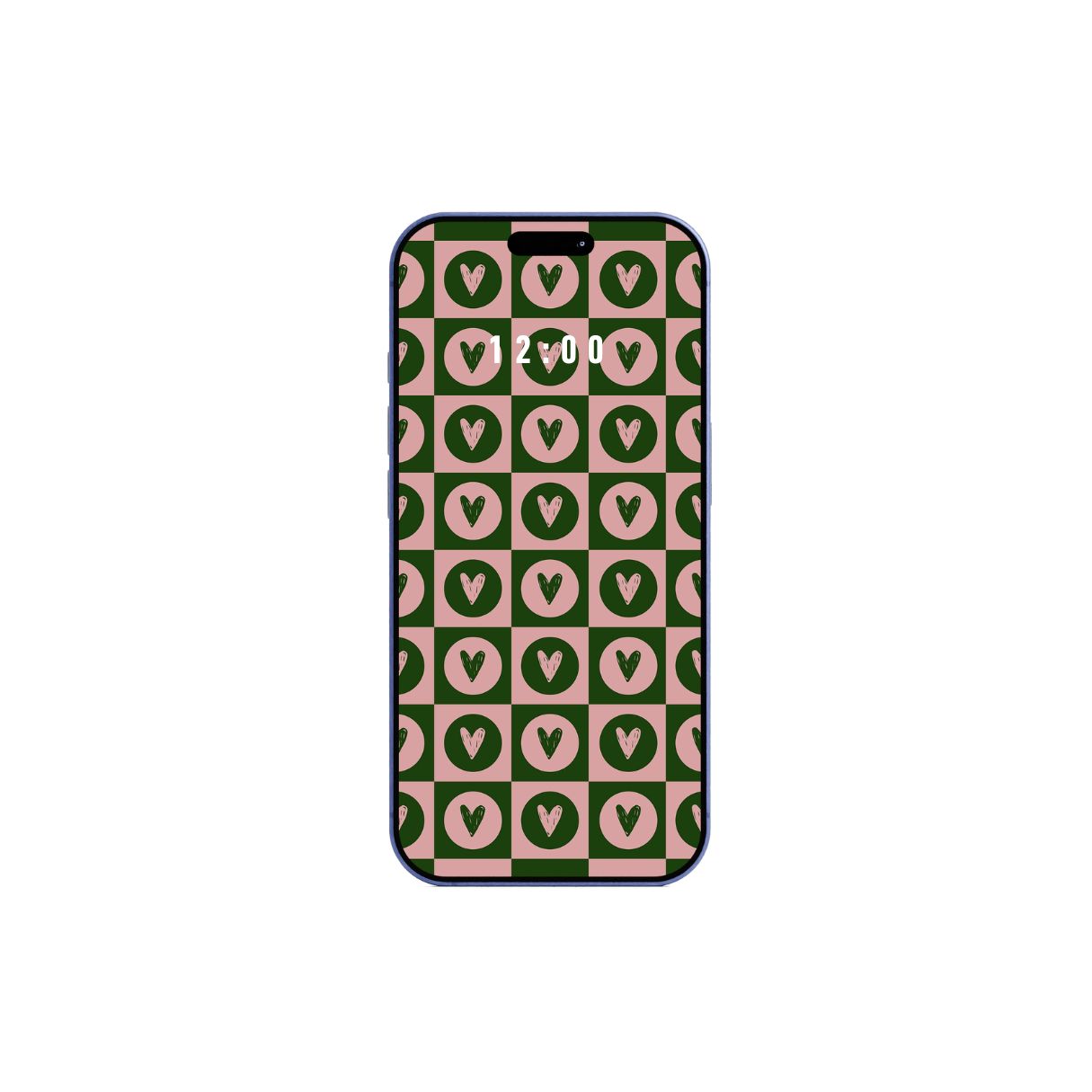 Phone with green and pink heart pattern wallpaper on a white background. Instant download.
