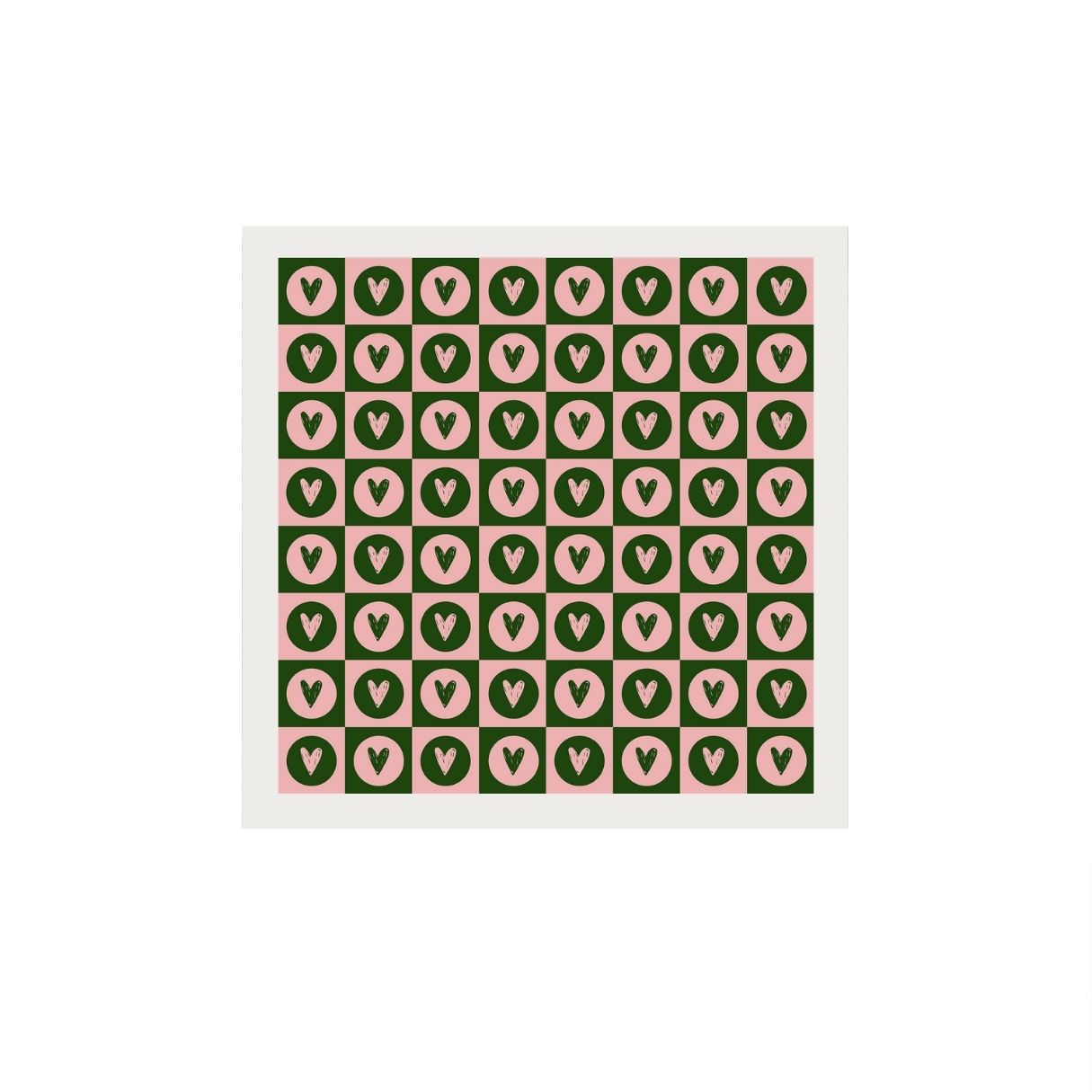 An artwork with green and pink hearts on a white background.