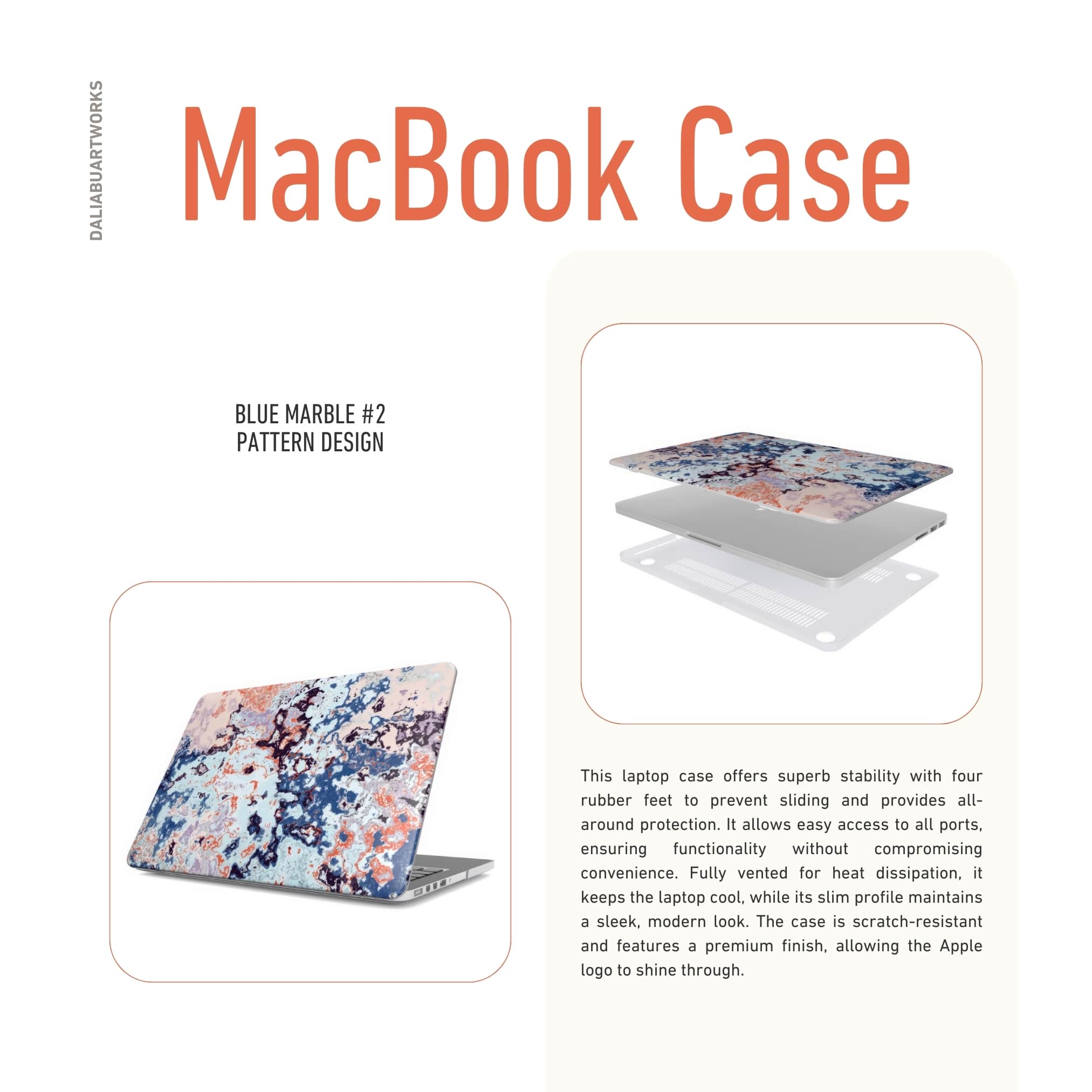 MacBook case front view; Blue Marble 2 pattern, artistic, abstract marble pattern. Blue and pink color combination. Description about the ventilation.