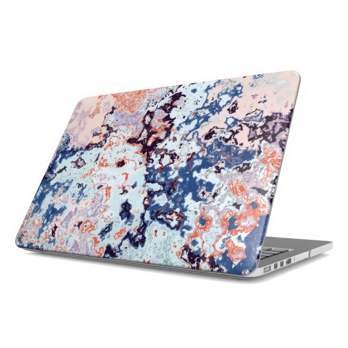 MacBook case front view; Blue Marble Mist pattern, artistic, abstract marble pattern. Blue and pink color combination. Bold expressive aesthetic design. Colorful and interior fit.