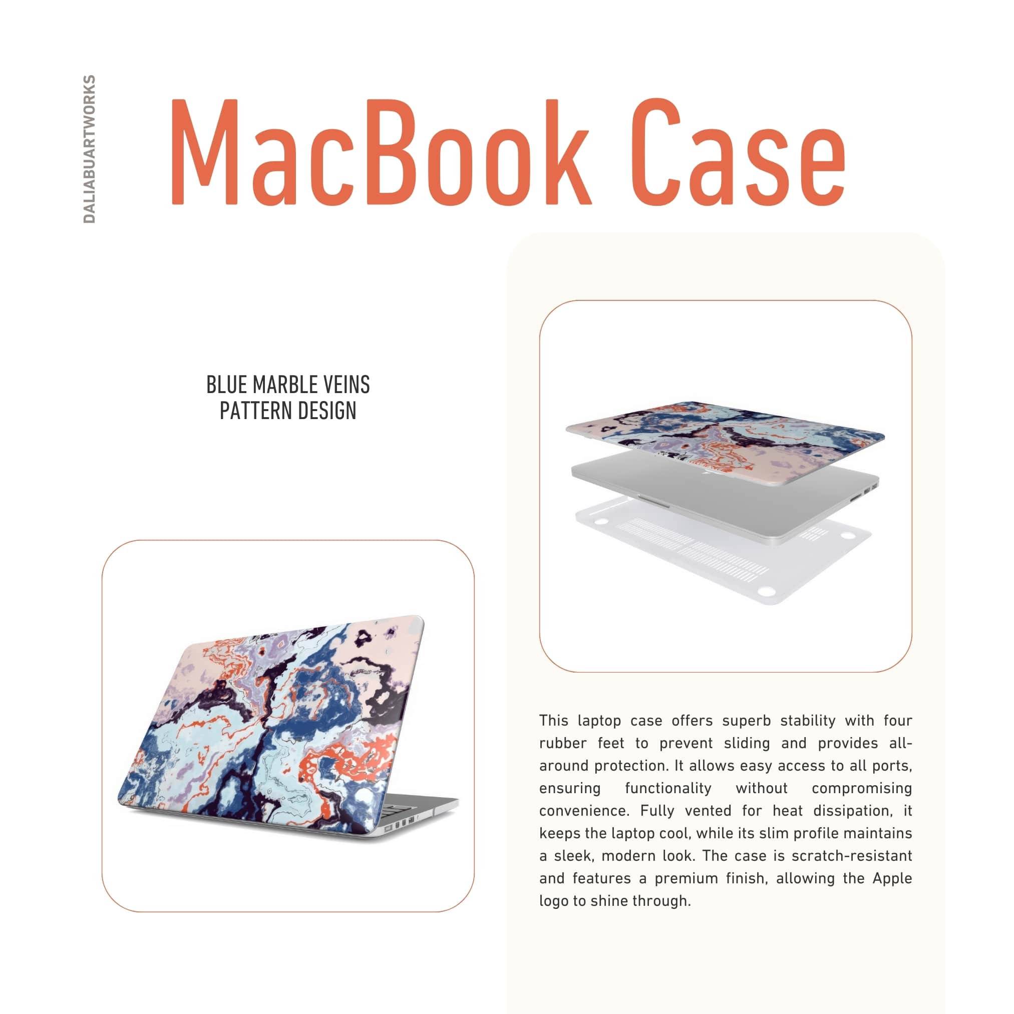 MacBook case side view; Blue Marble Veins pattern, artistic, abstract marble pattern. Blue and pink color combination.
