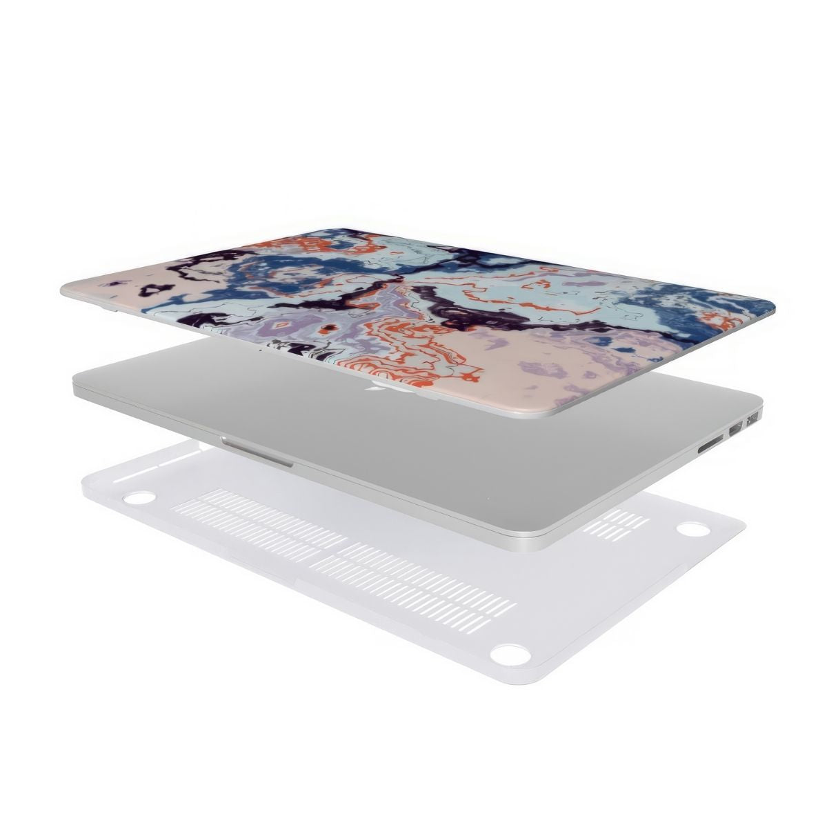 MacBook case extend view; Blue Marble Veins pattern, artistic, abstract marble pattern. Blue and pink color combination. Bold expressive aesthetic design. Colorful and interior fit.