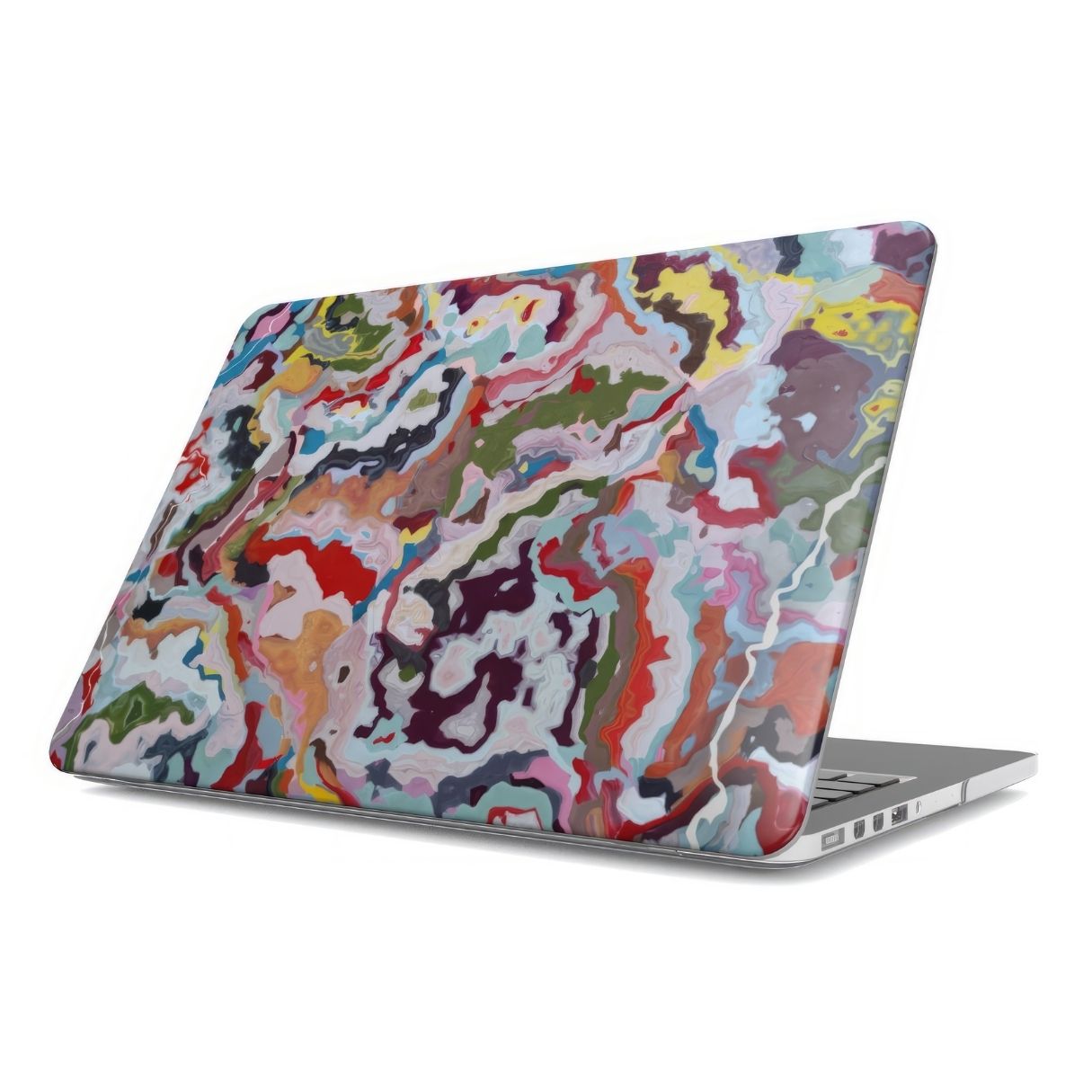 MacBook case side view; Bold Sprinkles pattern, artistic, abstract marble pattern. Mix color combination. Bold expressive aesthetic design. Colorful and interior fit.