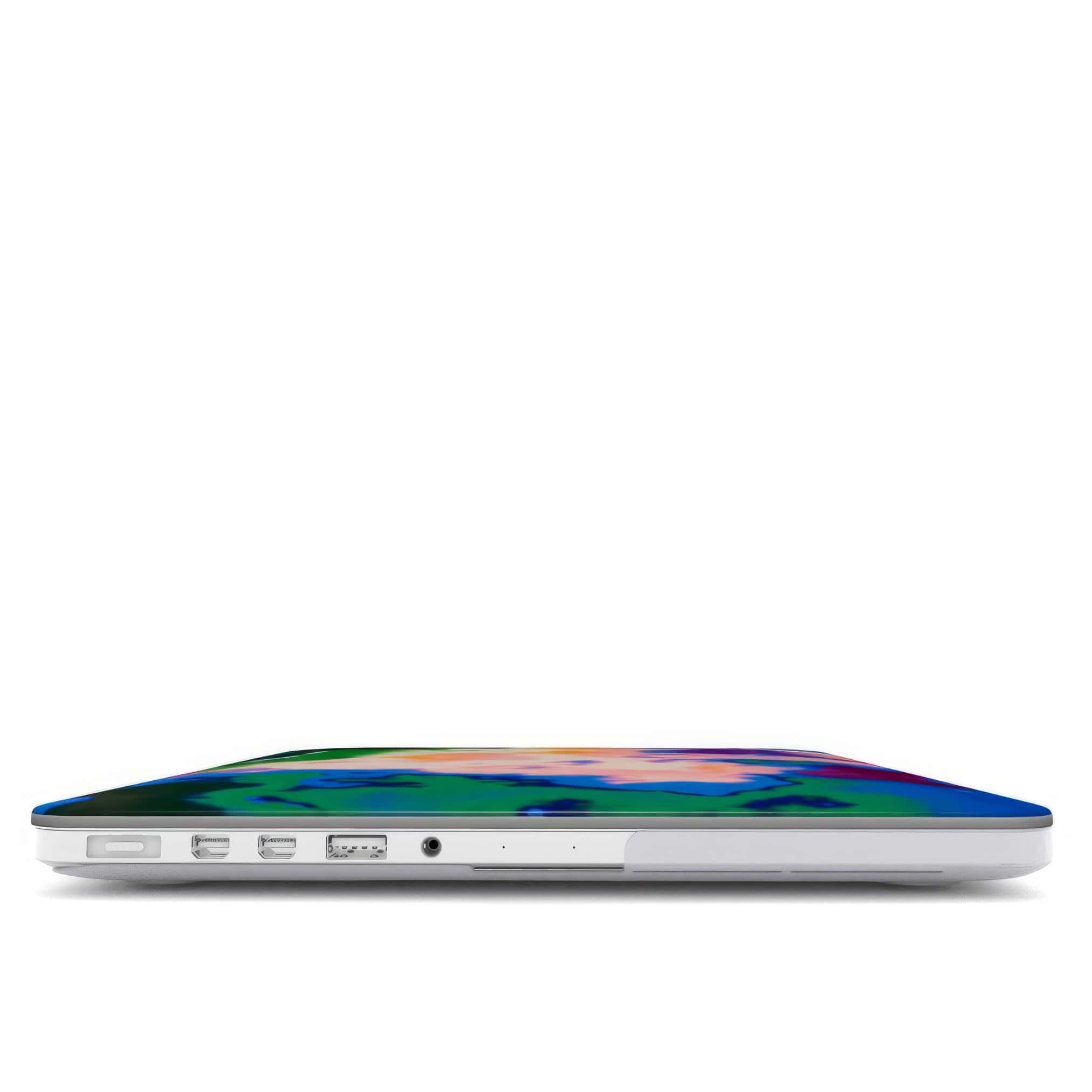 MacBook case closed view; Brazil 2 pattern, artistic, abstract marble pattern. Blue, green and orange color combination.